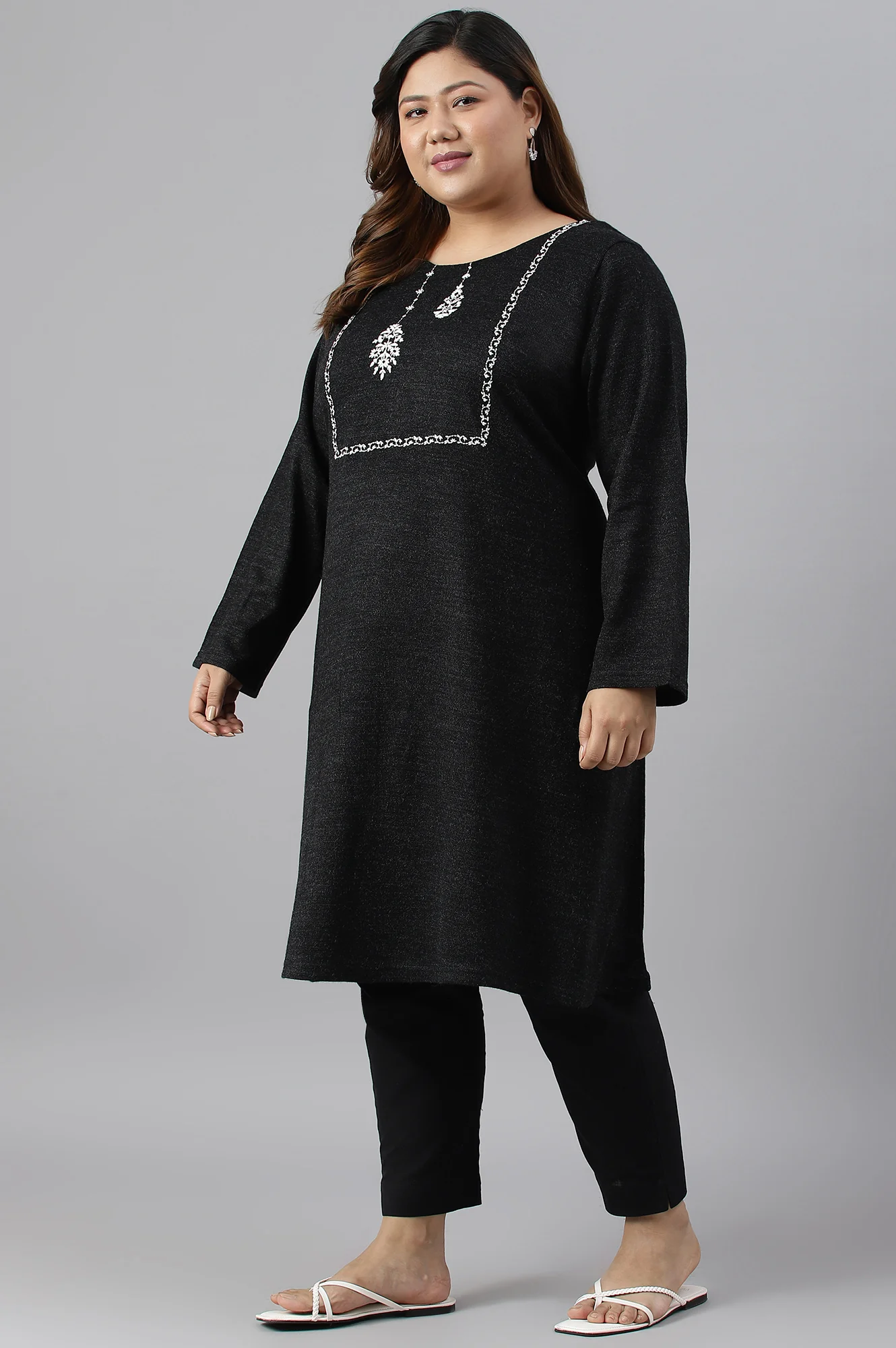 Plus Size Black A-Line Embroidered Winter kurta - Image 2
