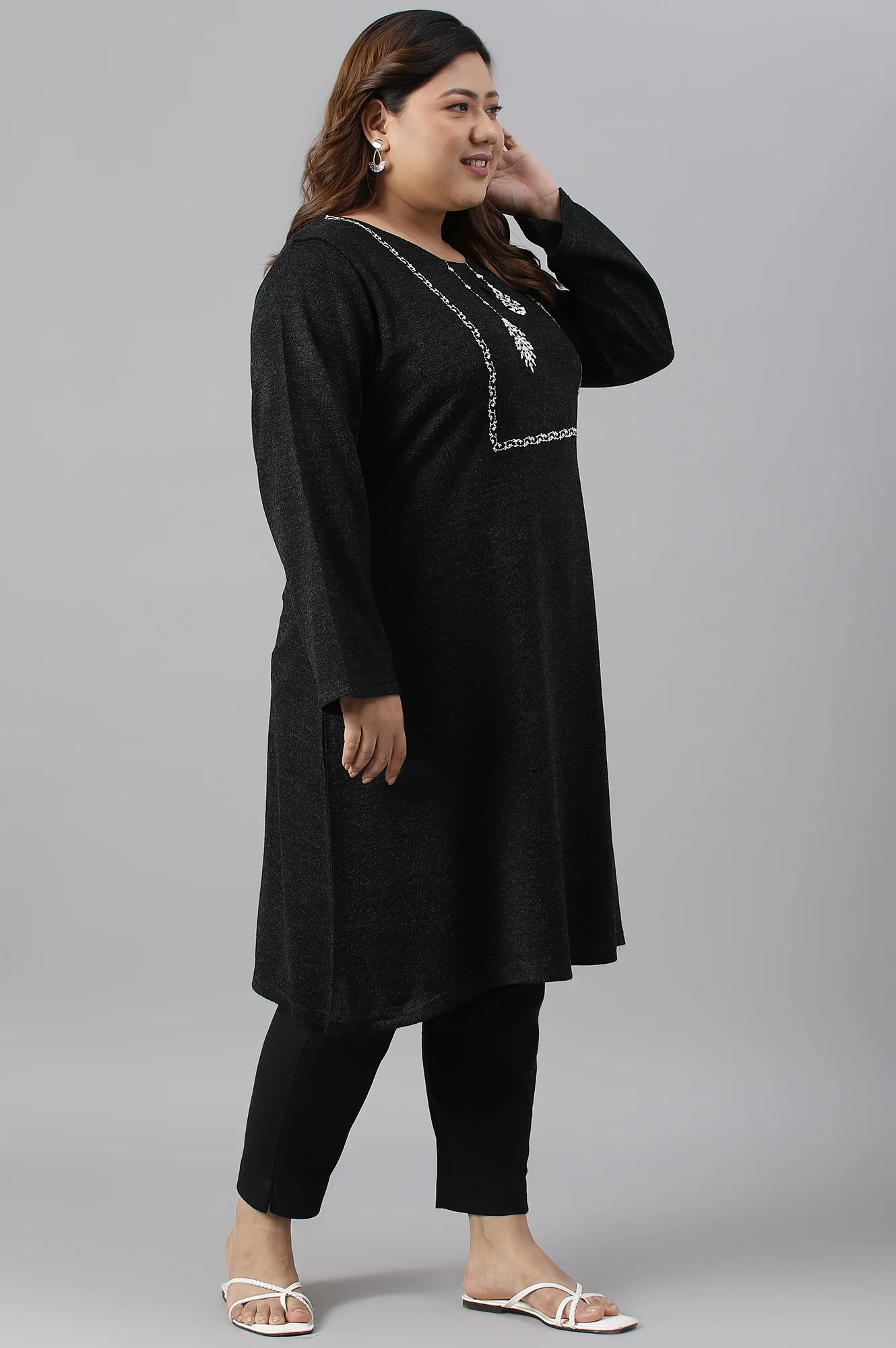 Plus Size Black A-Line Embroidered Winter kurta - Image 3
