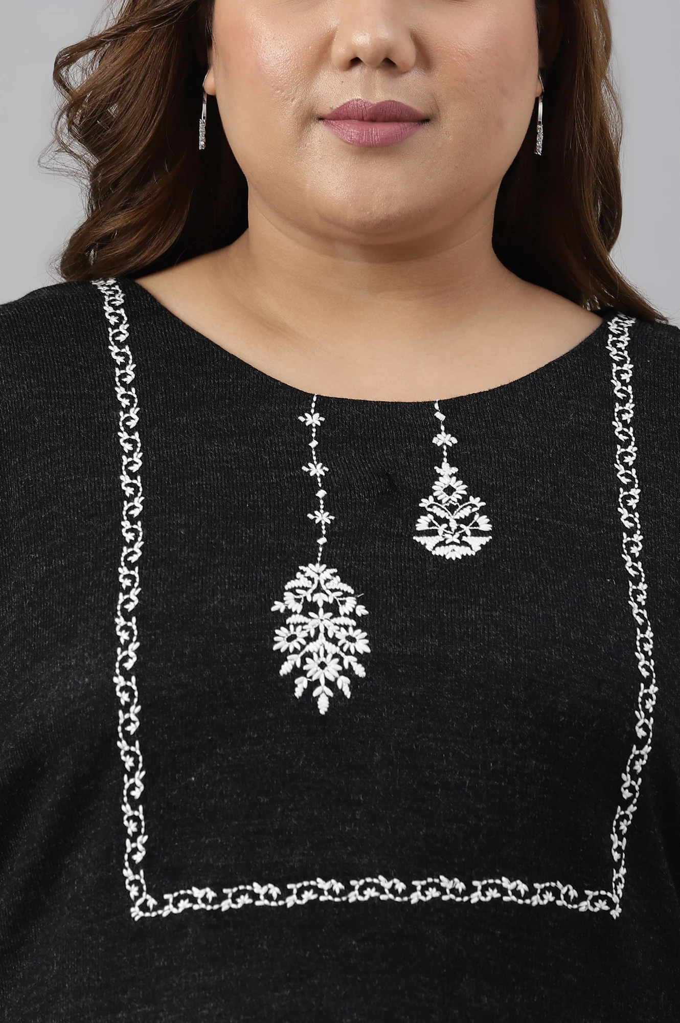 Plus Size Black A-Line Embroidered Winter kurta - Image 6