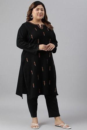 Plus Size Black Acrylic Embroidered Winter kurta - Image 3