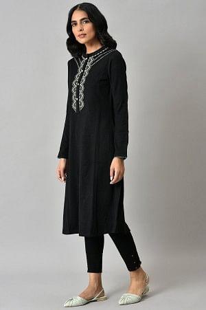 Plus Size Black Acrylic Statement Winter Kurta - Image 3