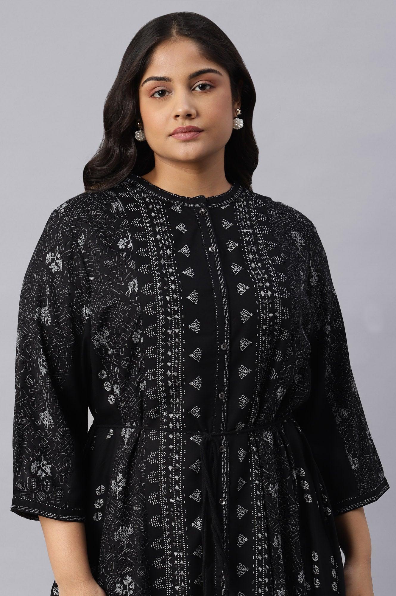 Plus Size Black Floral Printed Panelled Indie Dress - Image 5