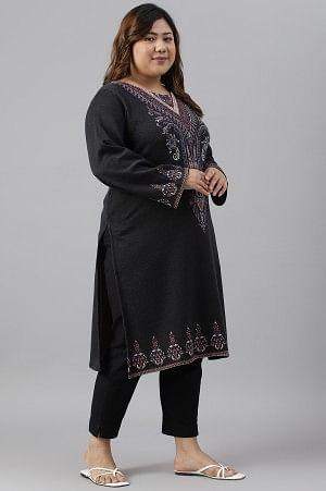 Plus Size Black Jacquard Winter kurta - Image 3