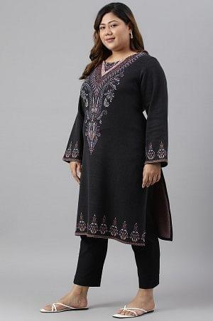 Plus Size Black Jacquard Winter kurta - Image 4