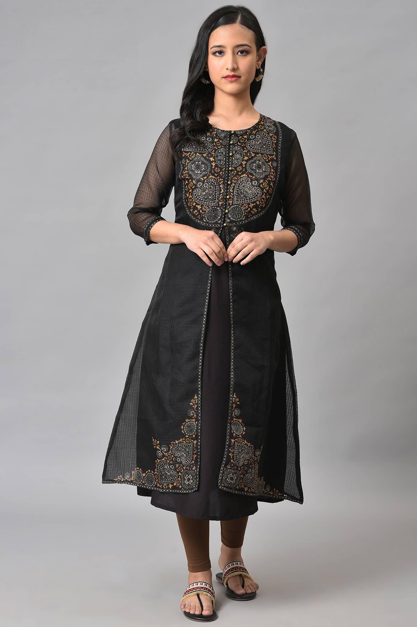 Plus Size Black Kota Jacket With Solid Sleeveless kurta