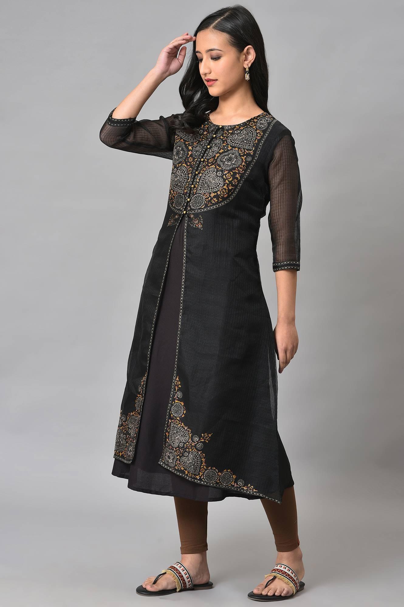 Plus Size Black Kota Jacket With Solid Sleeveless kurta - Image 3