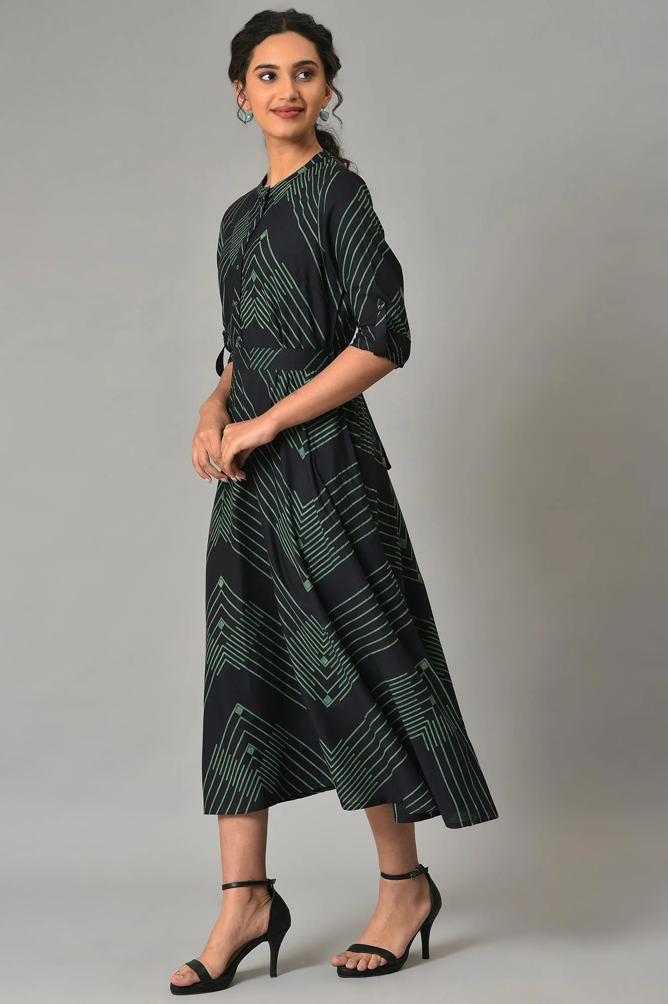 Plus Size Black Matrix Printed Circular Shirt Dress With Belt - Image 3