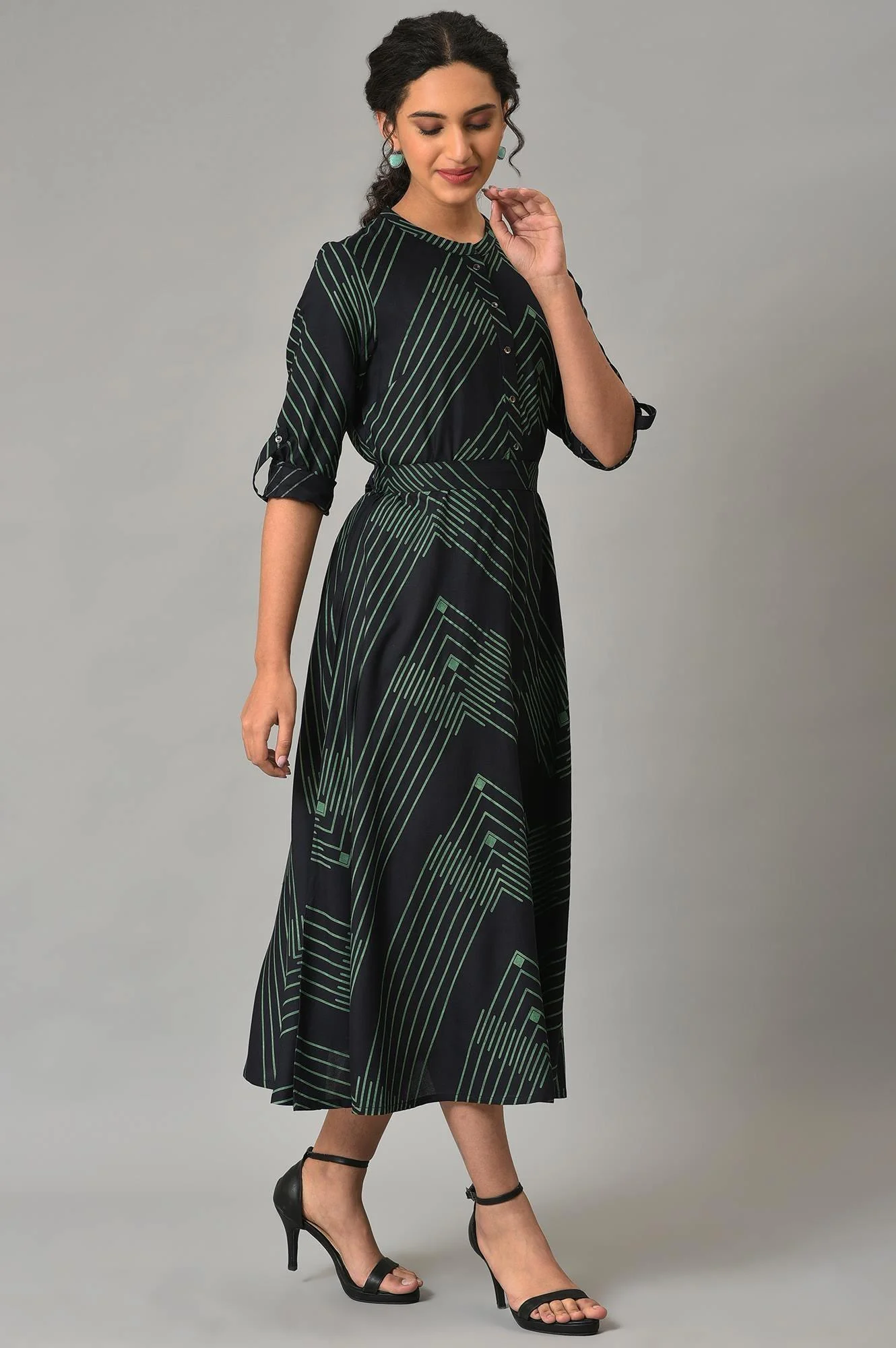 Plus Size Black Matrix Printed Circular Shirt Dress With Belt - Image 4