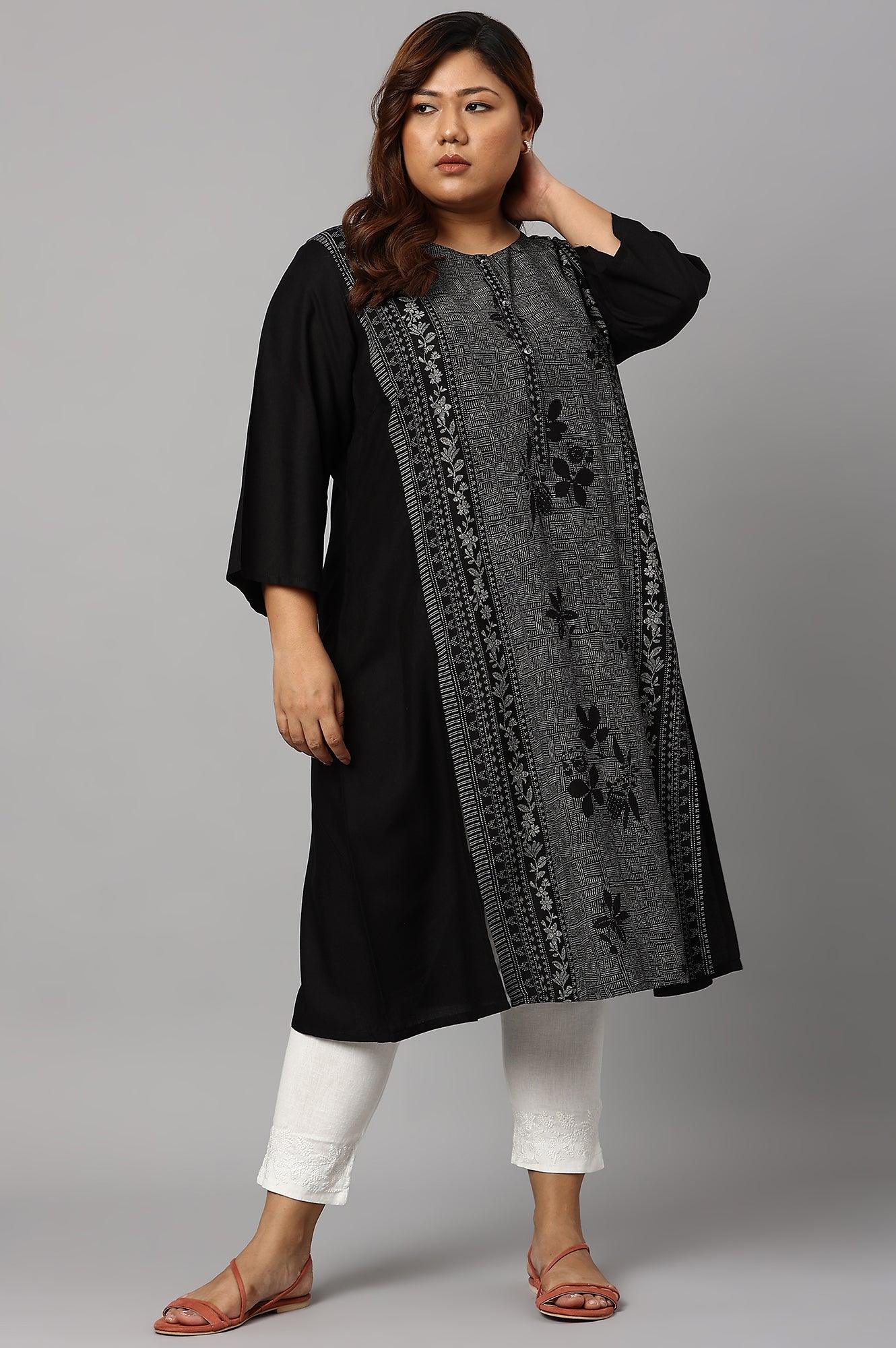Plus Size Black Panelled kurta With Front Slit