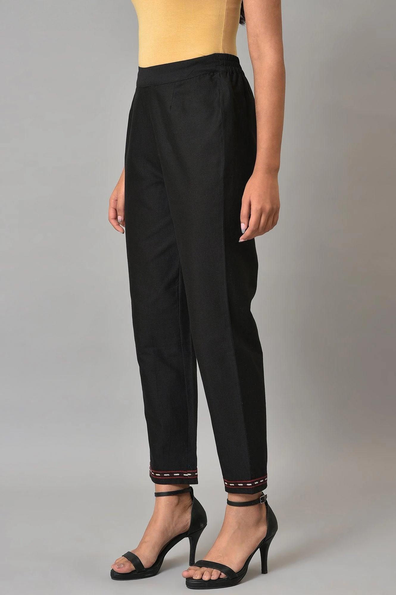 Plus Size Black Slim Pants With Embroidery At Hemline - Image 3