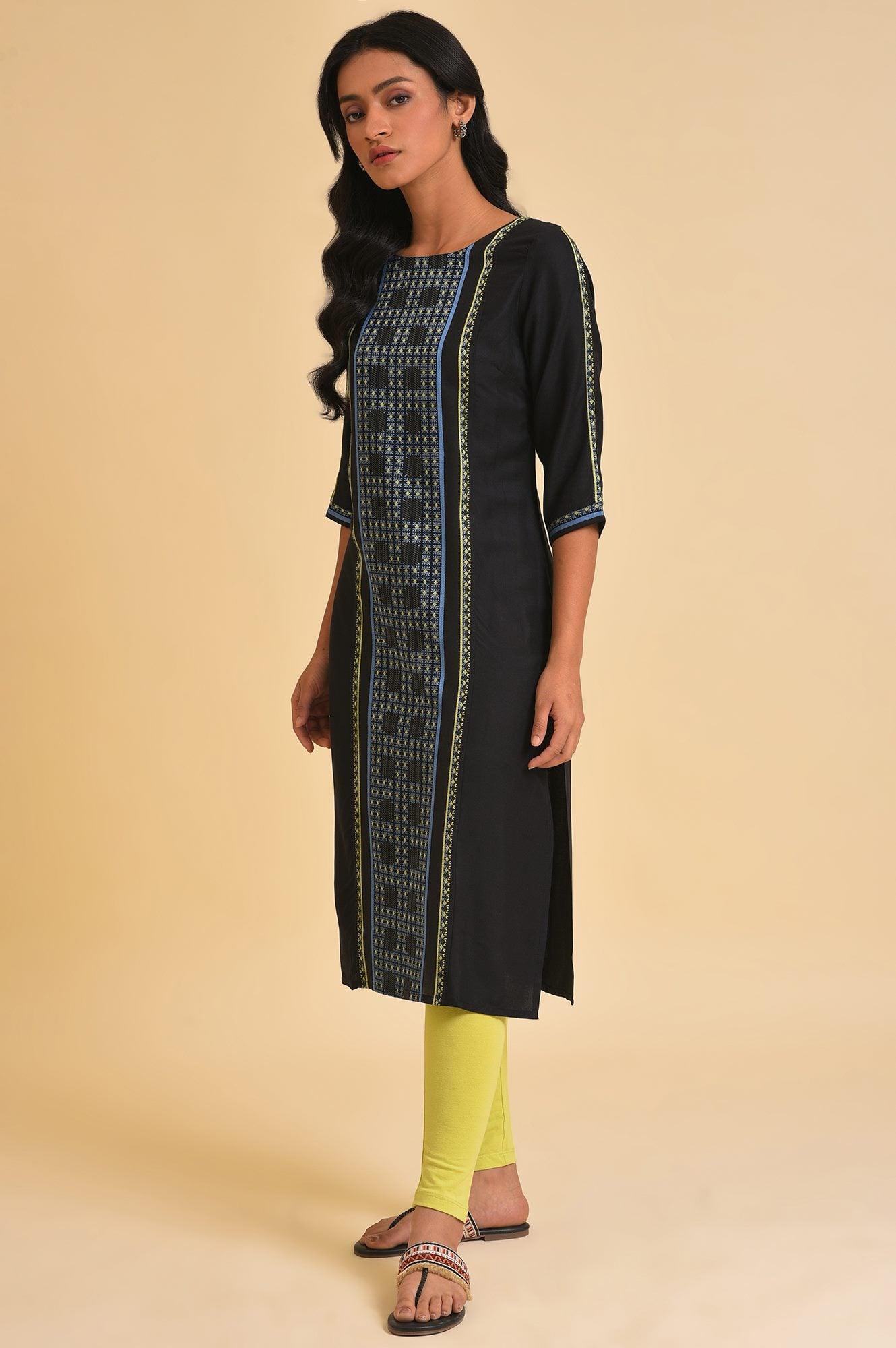 Plus Size Black Straight kurta With Printed Central Panel - Image 3