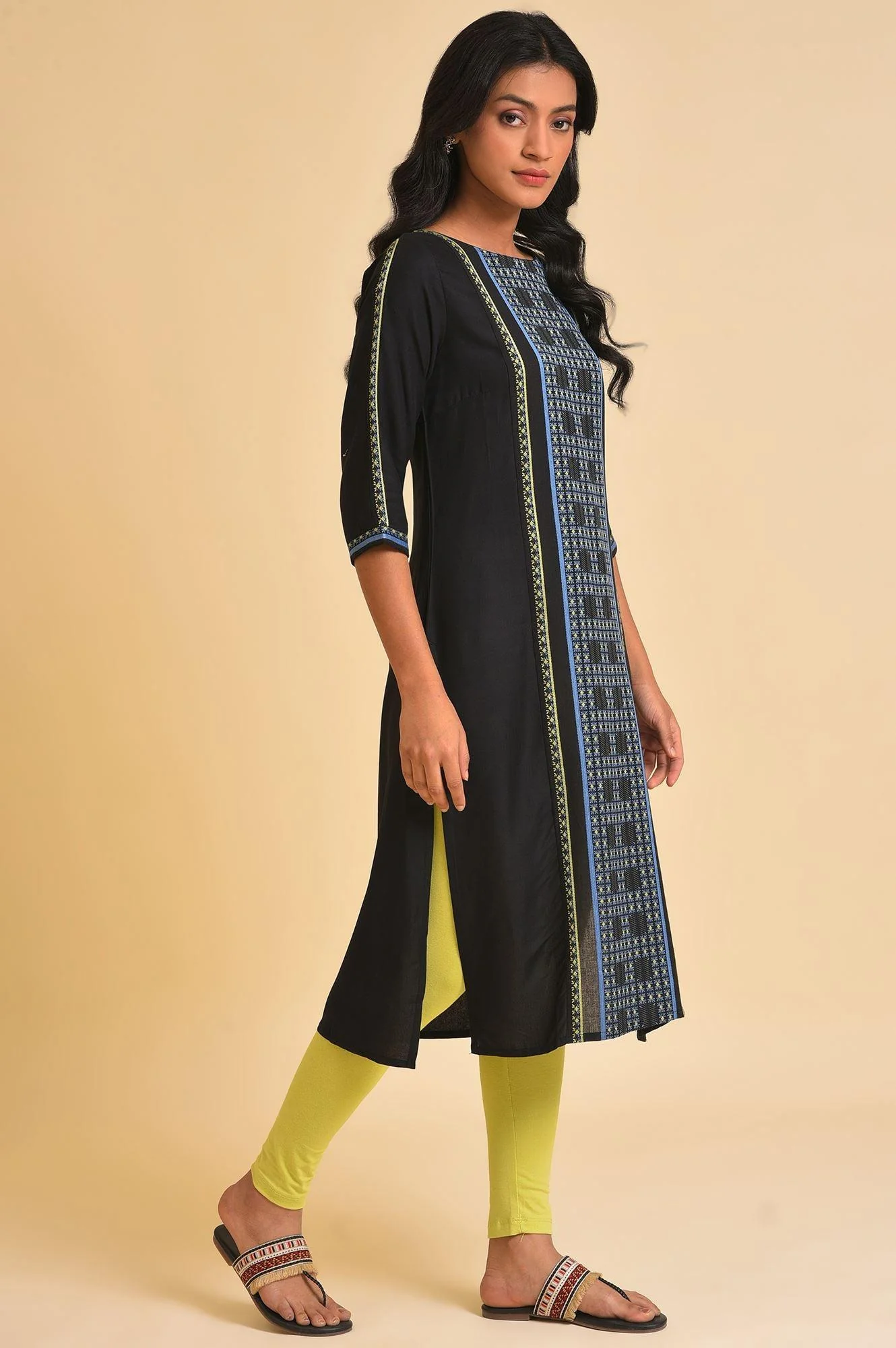 Plus Size Black Straight kurta With Printed Central Panel - Image 4