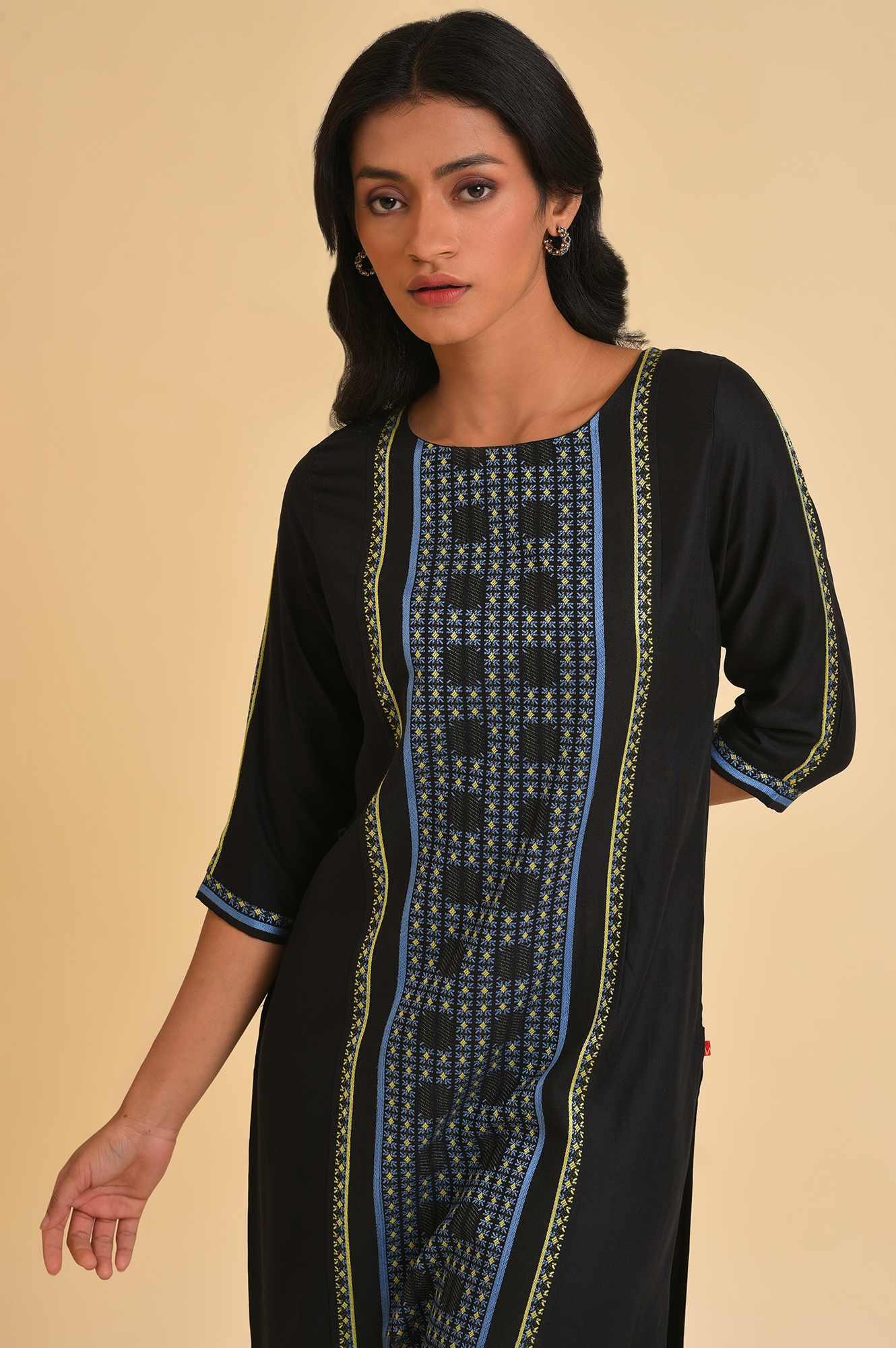 Plus Size Black Straight kurta With Printed Central Panel - Image 5