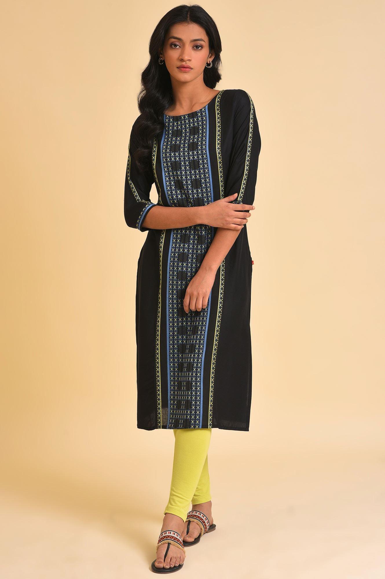 Plus Size Black Straight kurta With Printed Central Panel - Image 6