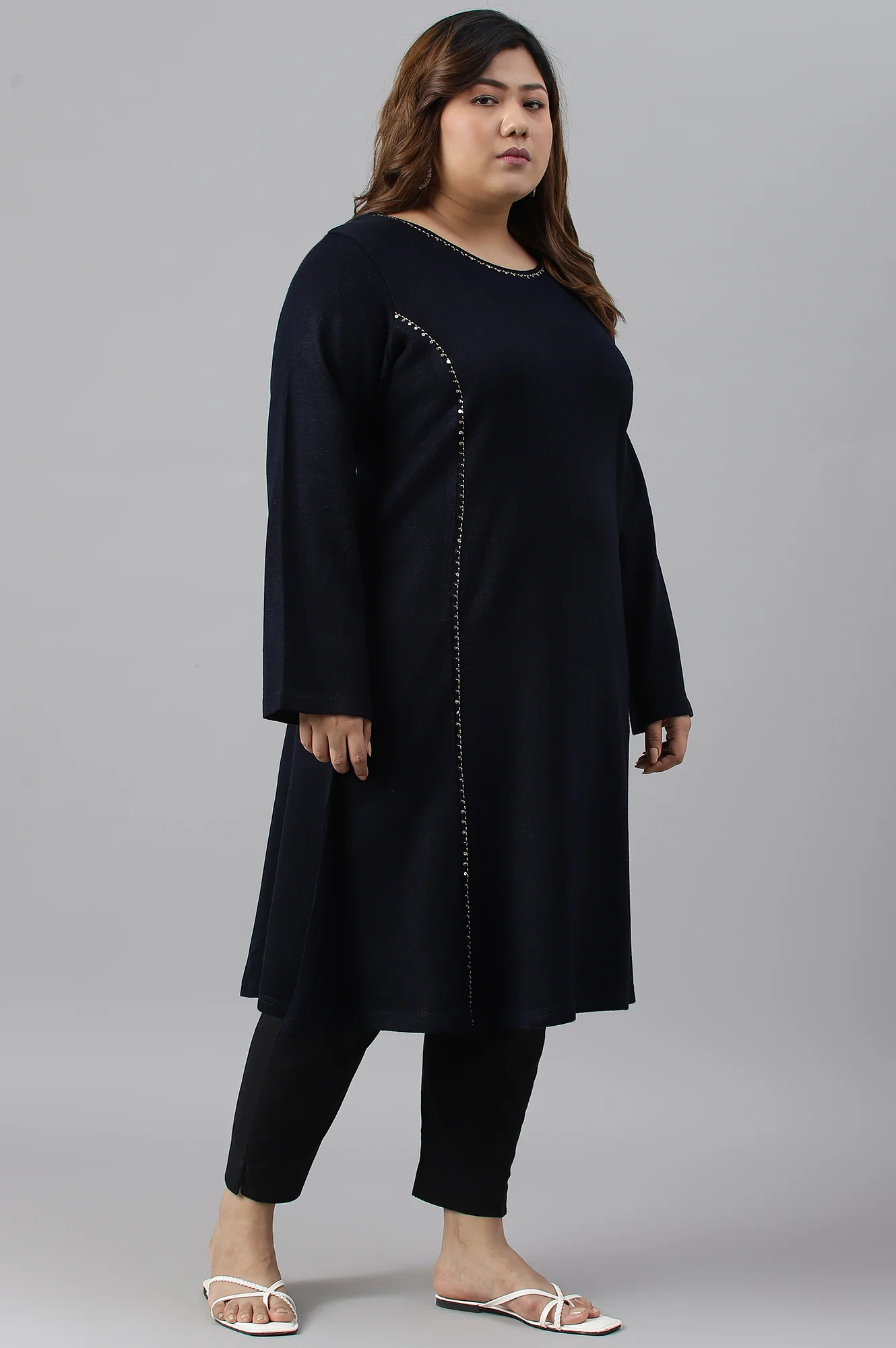 Plus Size Blue A-Line Embroidered Winter kurta - Image 3