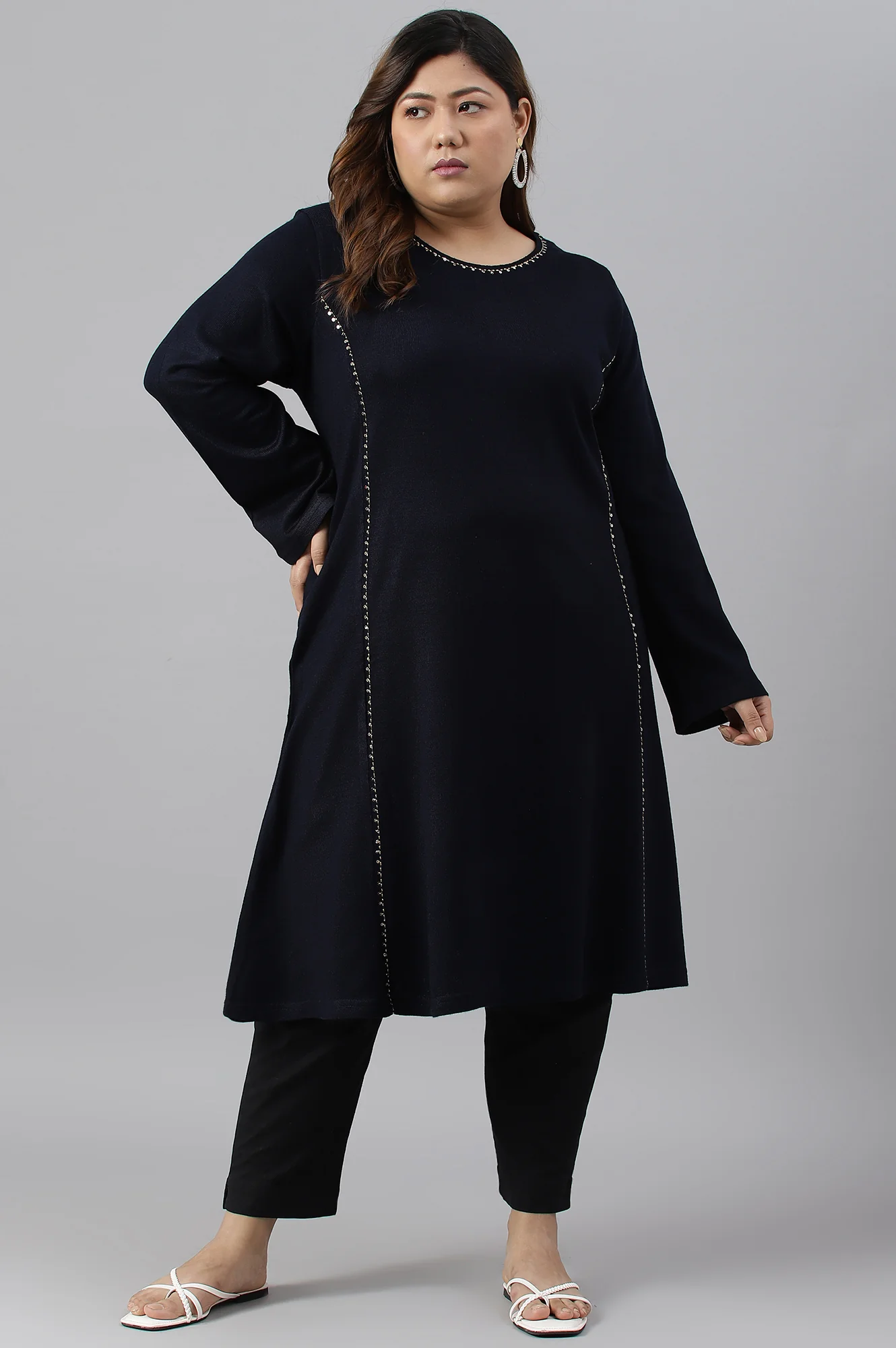 Plus Size Blue A-Line Embroidered Winter kurta - Image 6