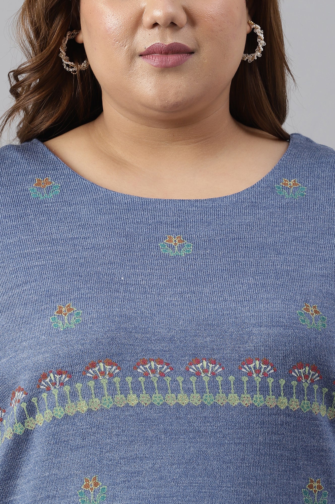 Plus Size Blue Contemporary Floral Printed Winter kurta - Image 5