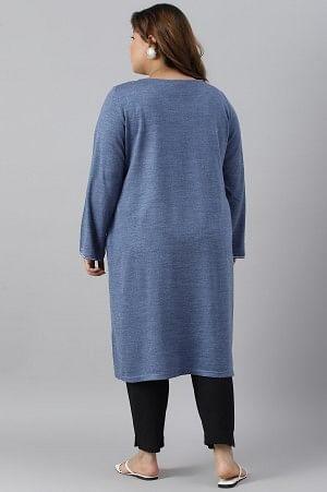 Plus Size Blue Embroidered Asymmetrical Winter kurta - Image 2