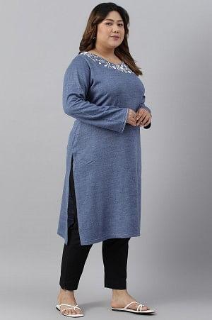 Plus Size Blue Embroidered Asymmetrical Winter kurta - Image 3