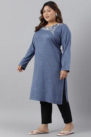 Plus Size Blue Embroidered Asymmetrical Winter kurta - Image 4