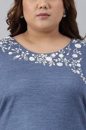 Plus Size Blue Embroidered Asymmetrical Winter kurta - Image 5