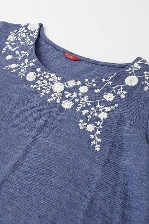 Plus Size Blue Embroidered Asymmetrical Winter kurta - Image 7