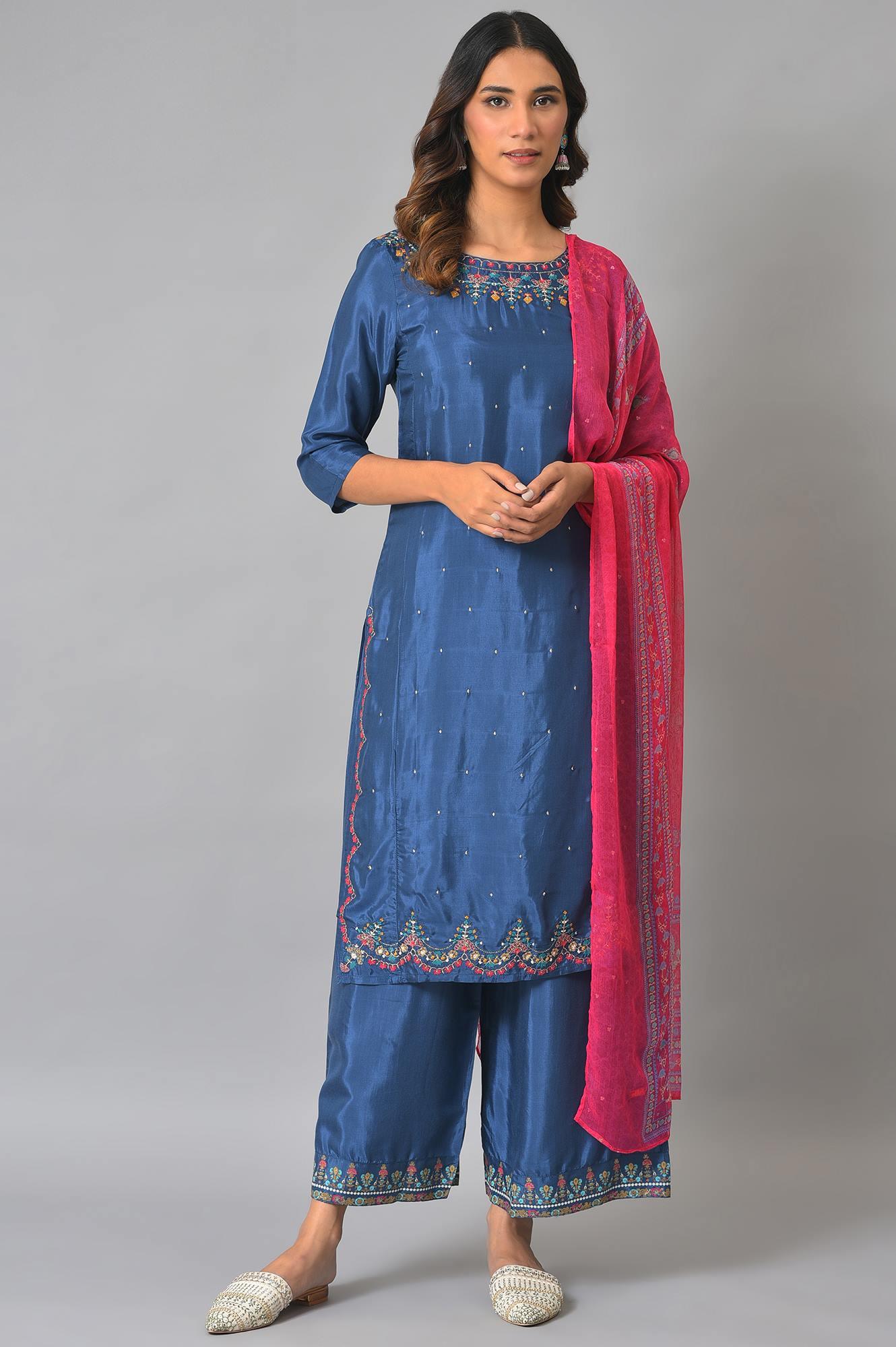 Plus Size Blue Embroidered kurta With Parallel Pants And Pink Dupatta