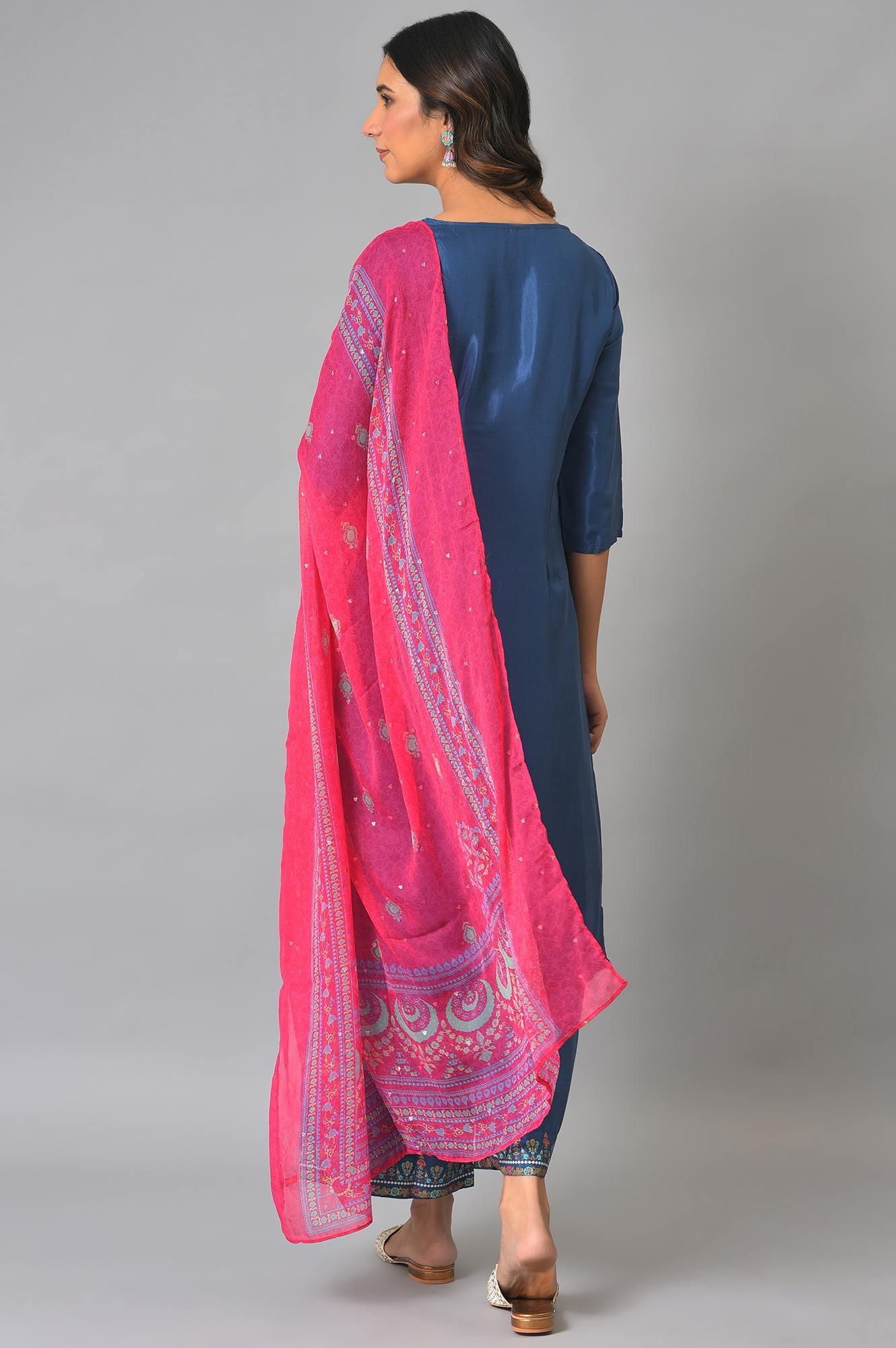 Plus Size Blue Embroidered kurta With Parallel Pants And Pink Dupatta - Image 2
