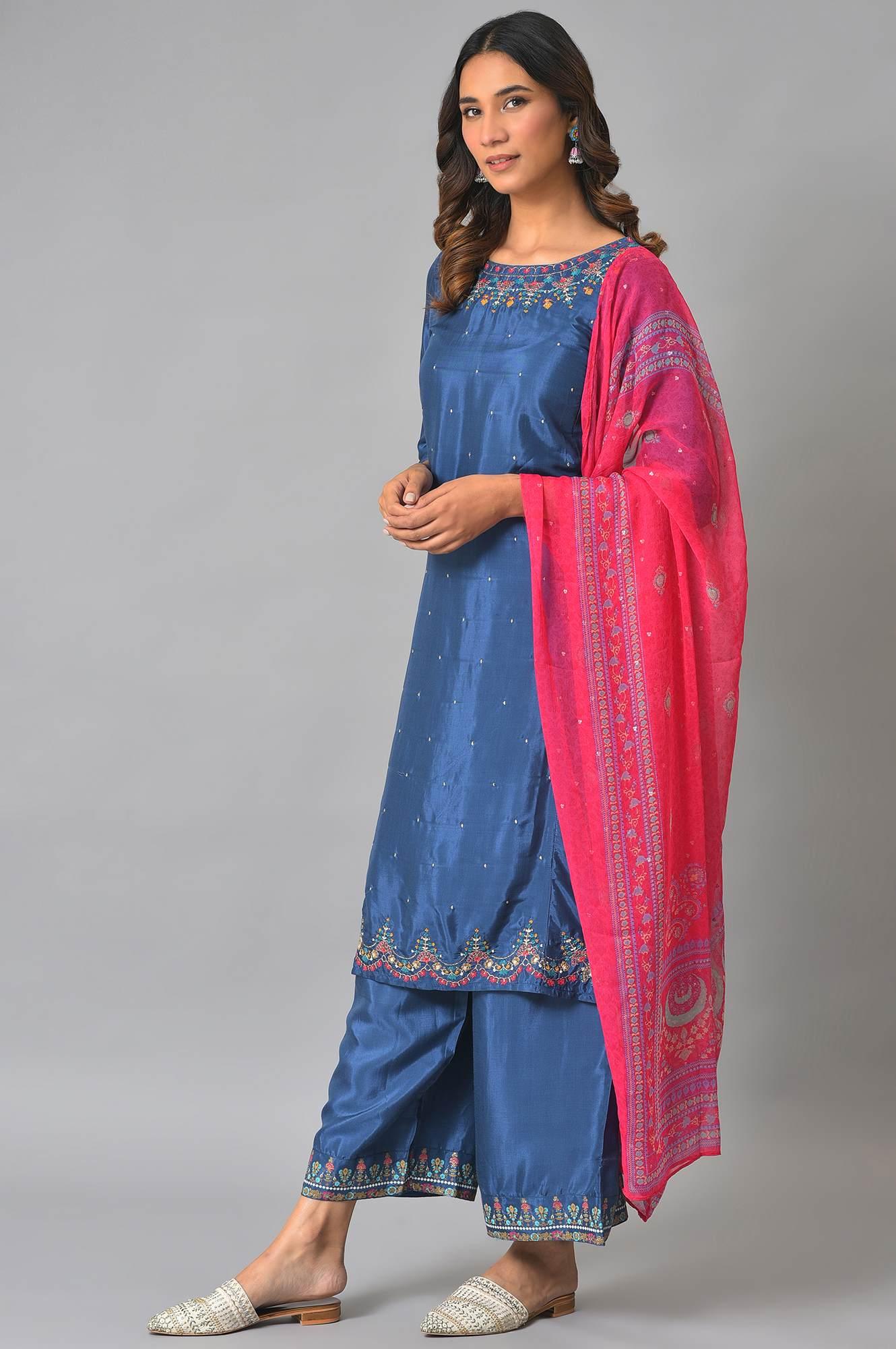 Plus Size Blue Embroidered kurta With Parallel Pants And Pink Dupatta - Image 3