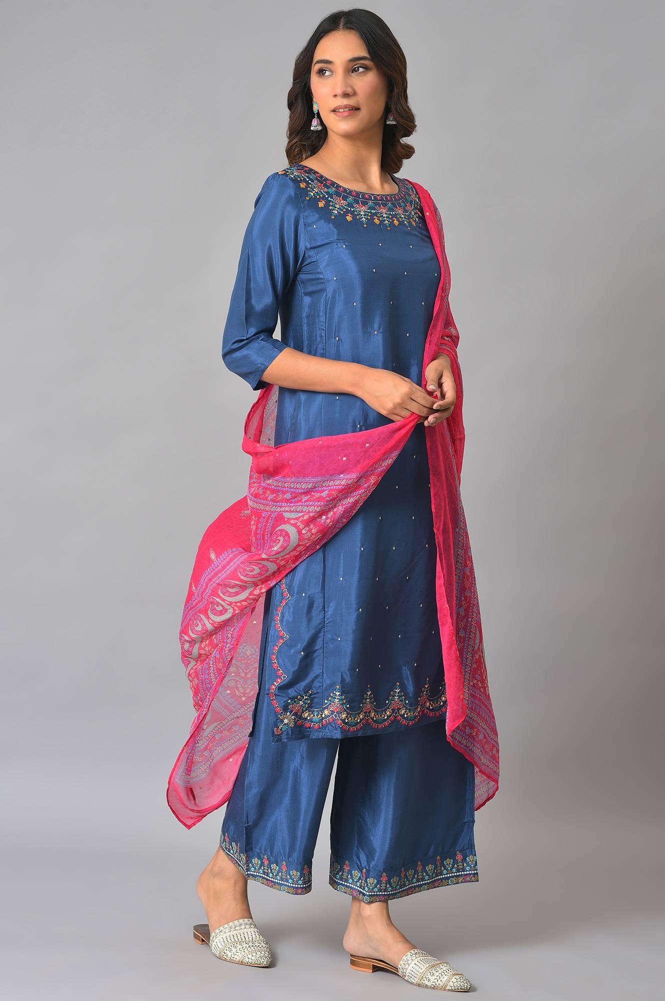 Plus Size Blue Embroidered kurta With Parallel Pants And Pink Dupatta - Image 4