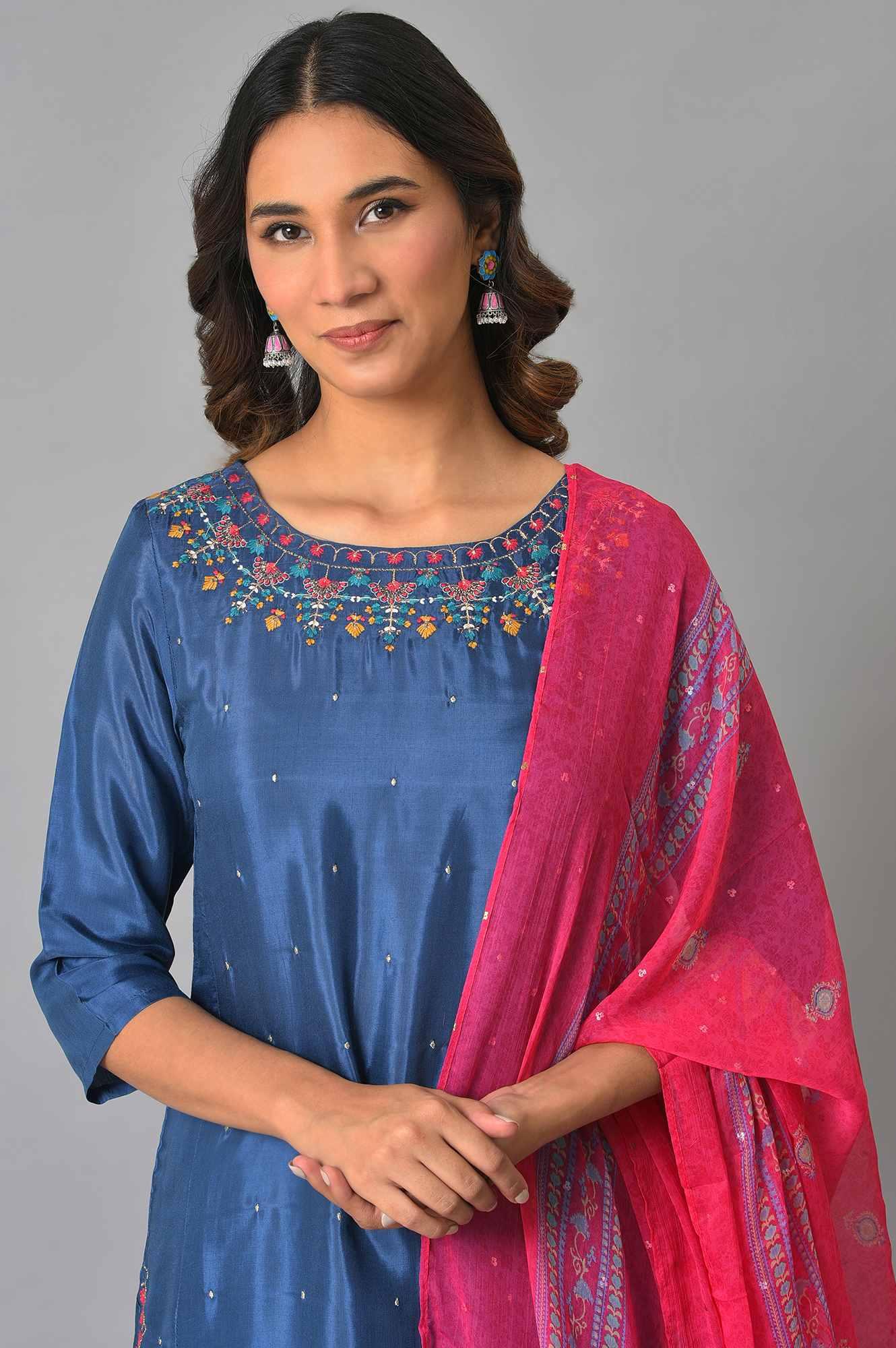 Plus Size Blue Embroidered kurta With Parallel Pants And Pink Dupatta - Image 5