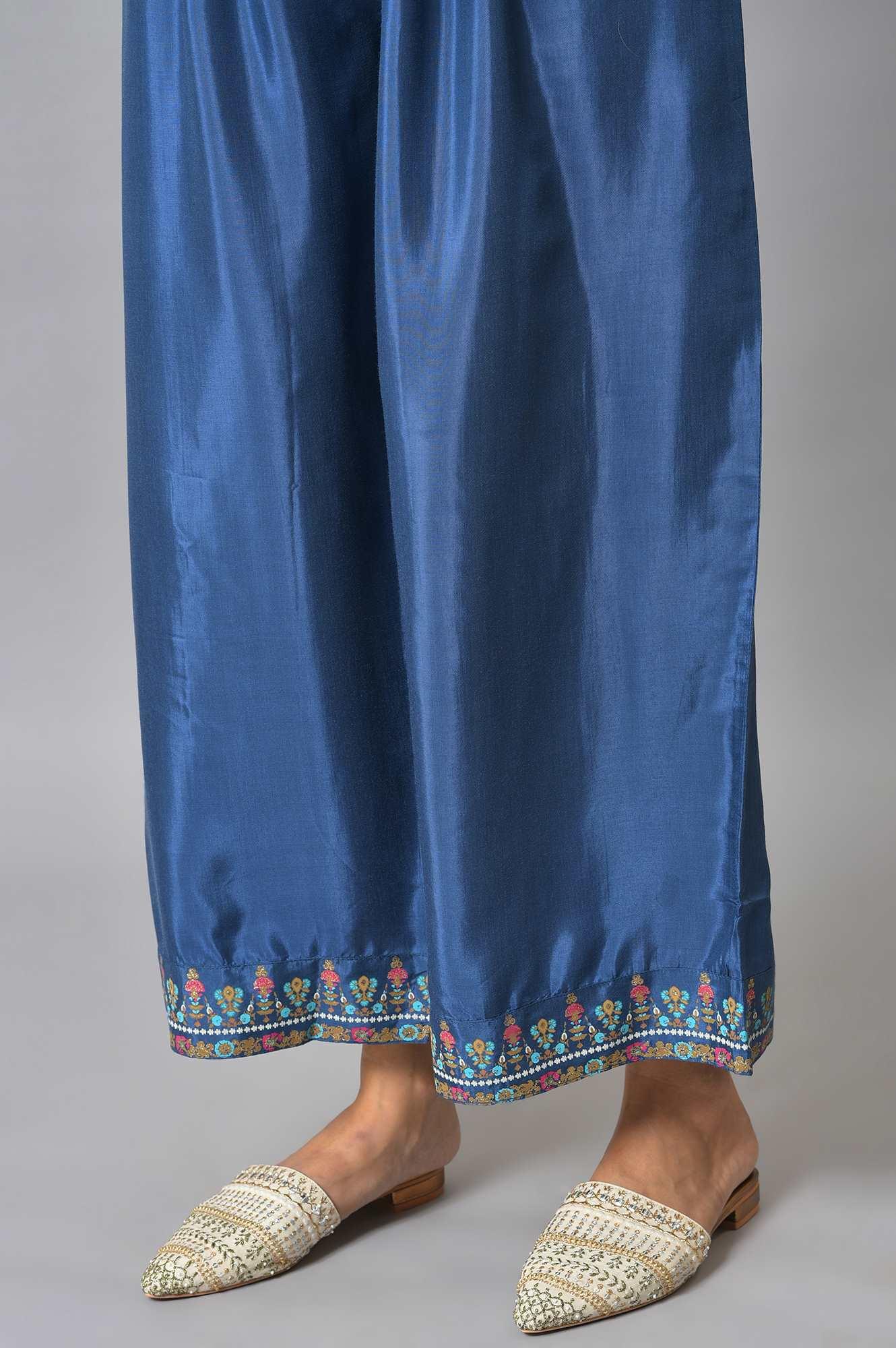 Plus Size Blue Embroidered kurta With Parallel Pants And Pink Dupatta - Image 8