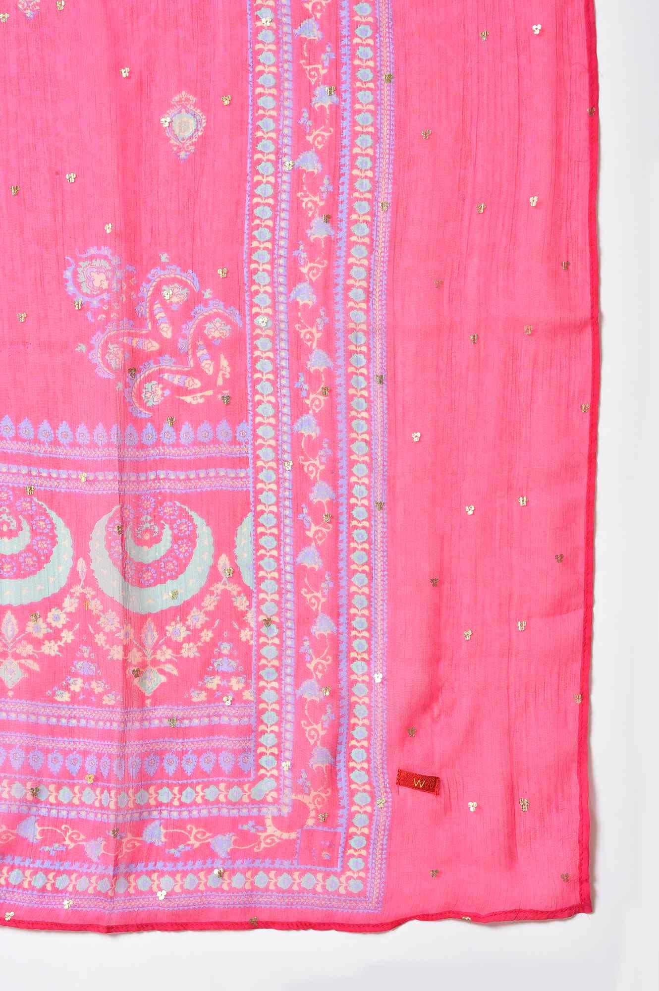 Plus Size Blue Embroidered kurta With Parallel Pants And Pink Dupatta - Image 9