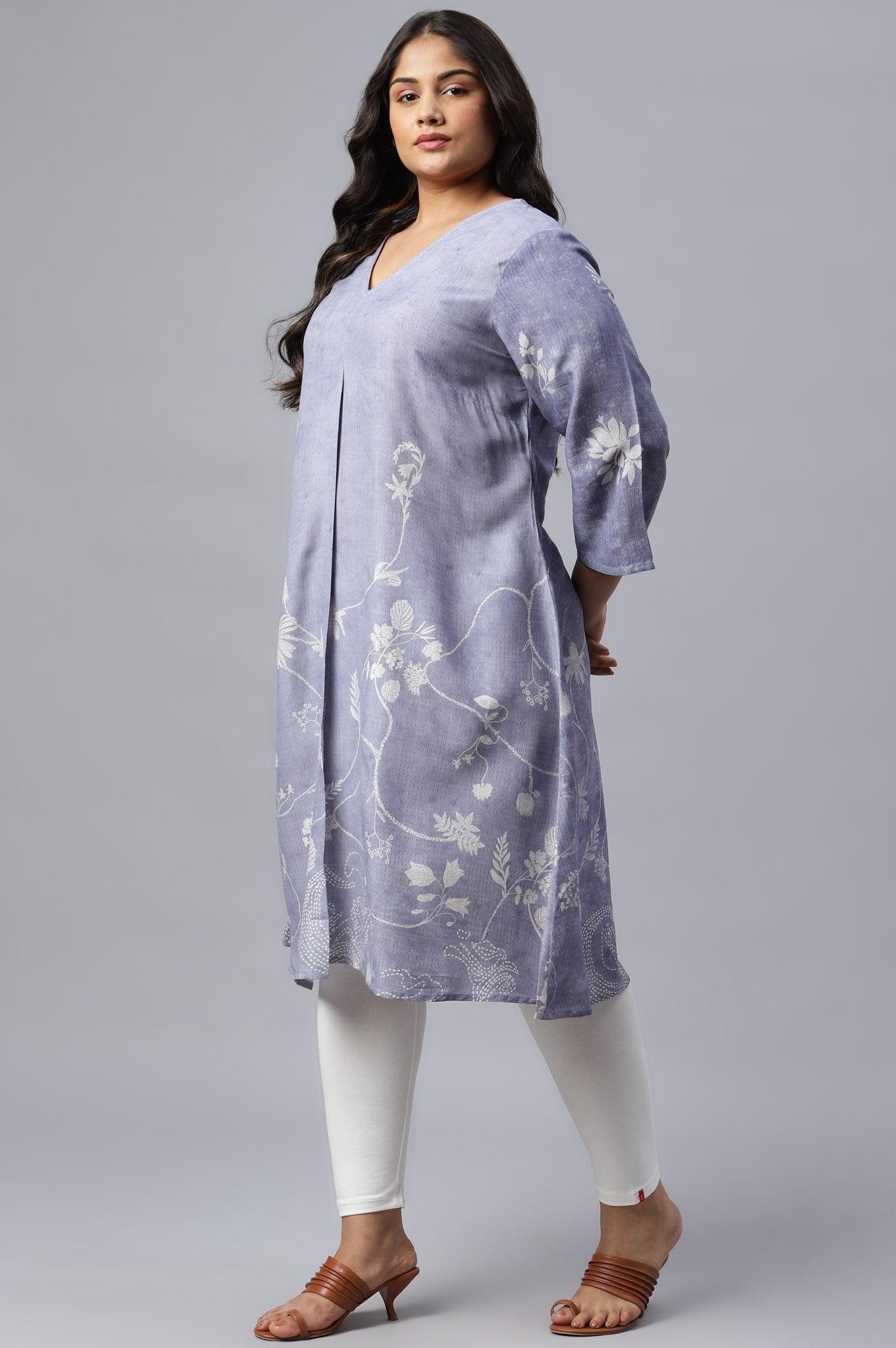 Plus Size Blue Floral Print V-Neck kurta - Image 3