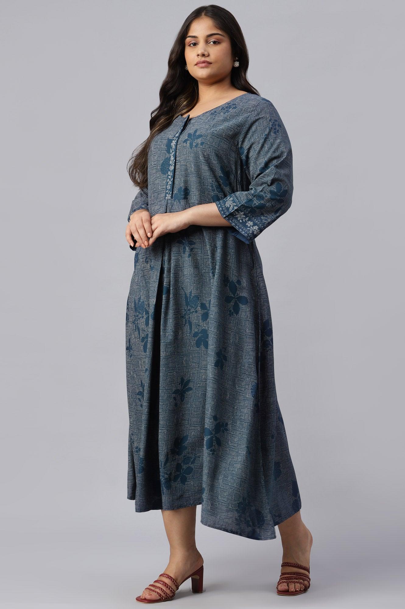 Plus Size Blue Floral Printed Flared Indie Dress - Image 3