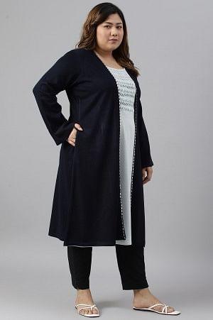 Plus Size Blue Mock Jacket Winter Dress With Sequins Edge - Image 3