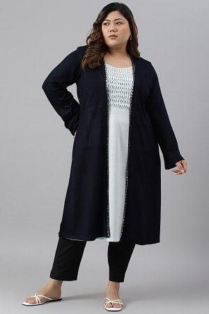 Plus Size Blue Mock Jacket Winter Dress With Sequins Edge - Image 6