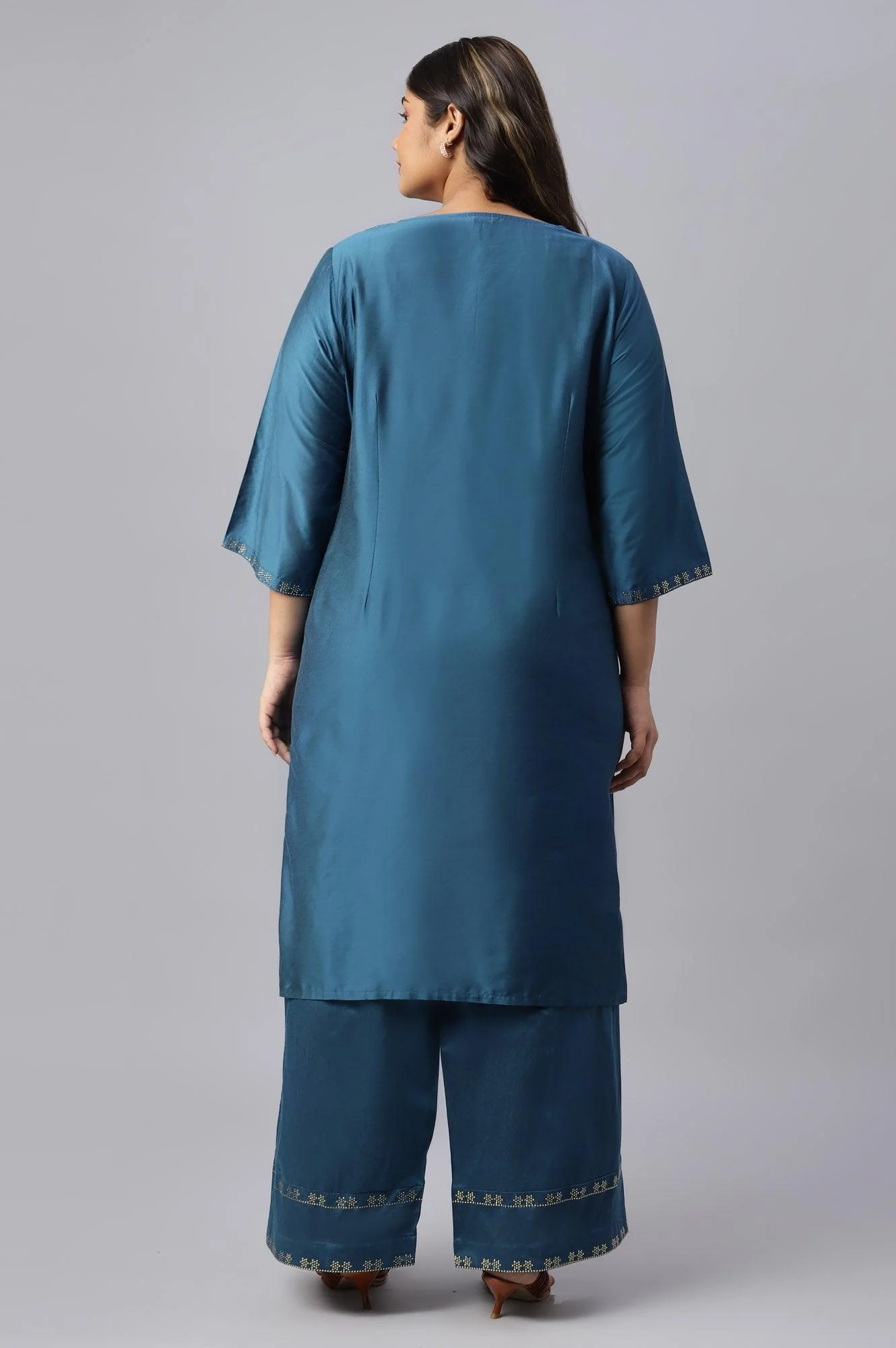Plus Size Blue Mukaish Placement Print kurta - Image 2