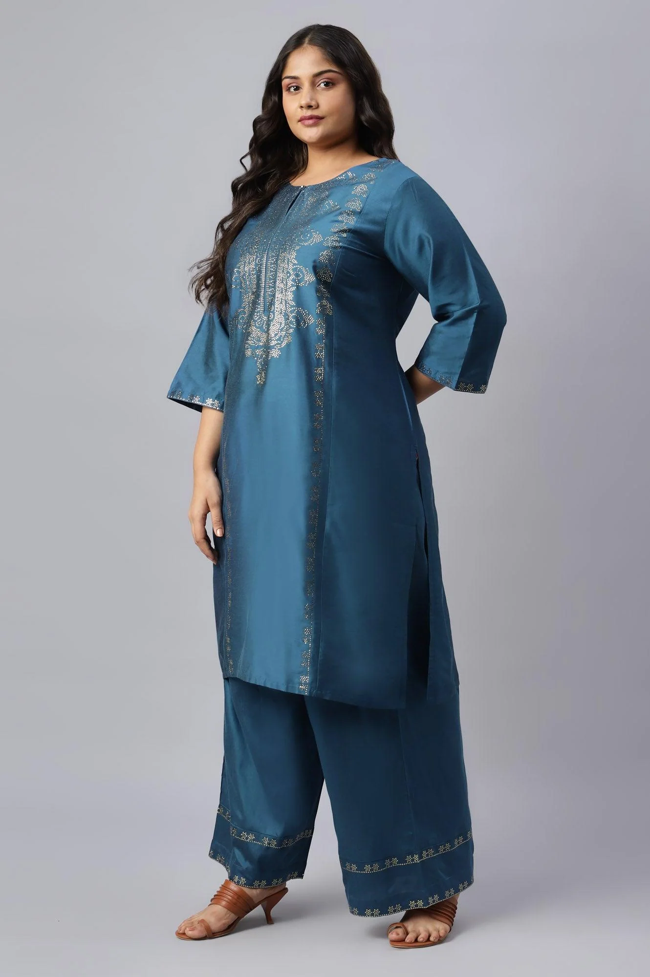 Plus Size Blue Mukaish Placement Print kurta - Image 3
