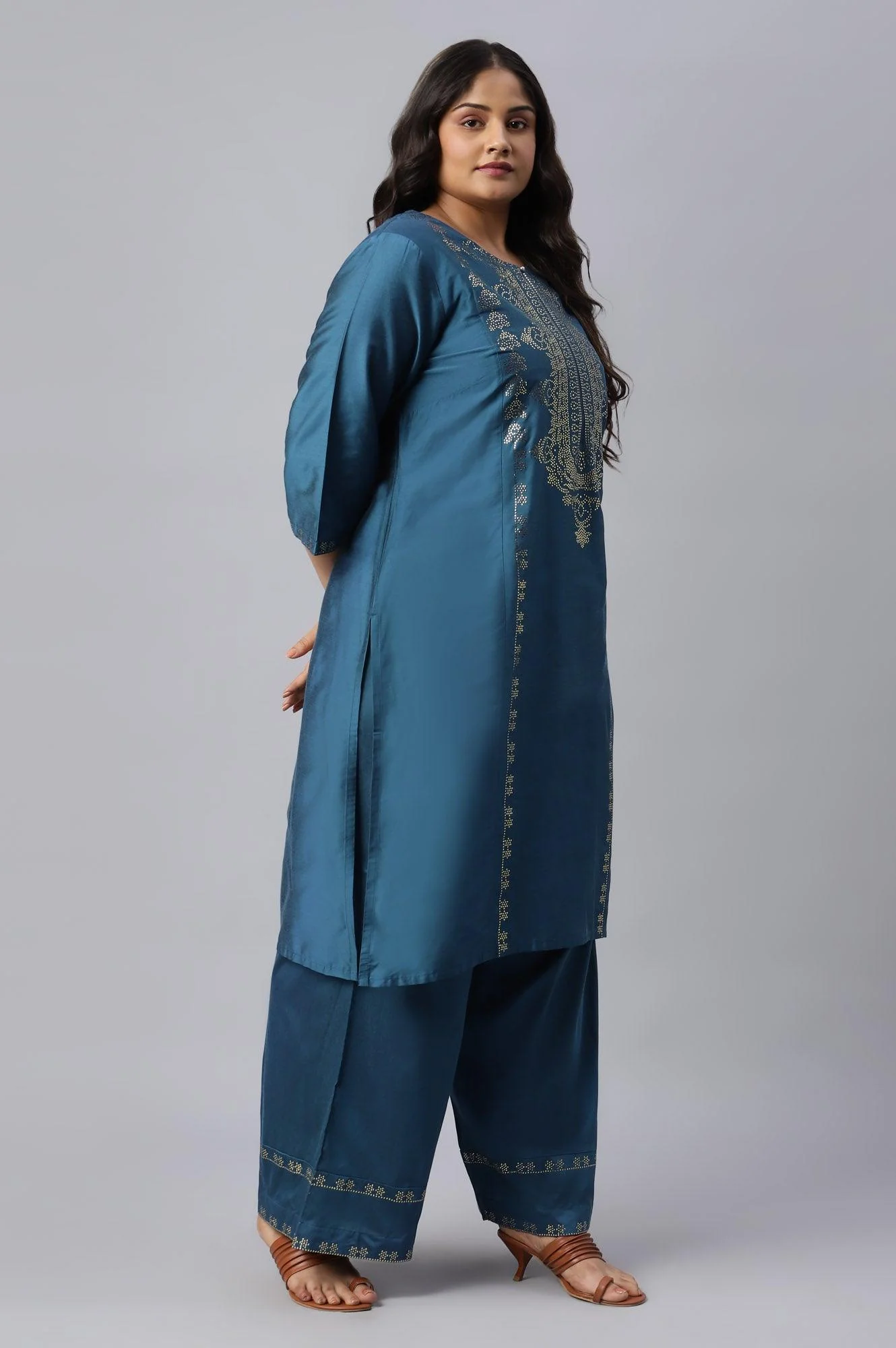 Plus Size Blue Mukaish Placement Print kurta - Image 4