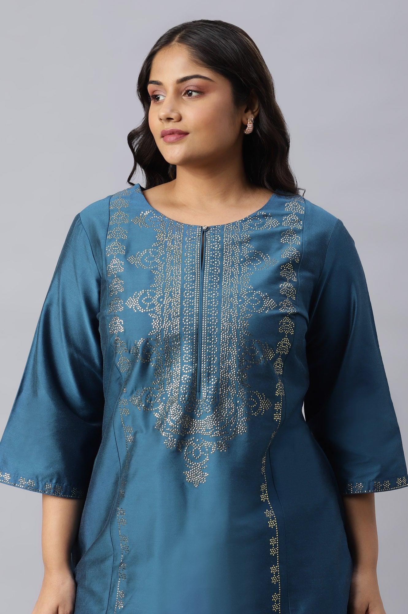Plus Size Blue Mukaish Placement Print kurta - Image 5