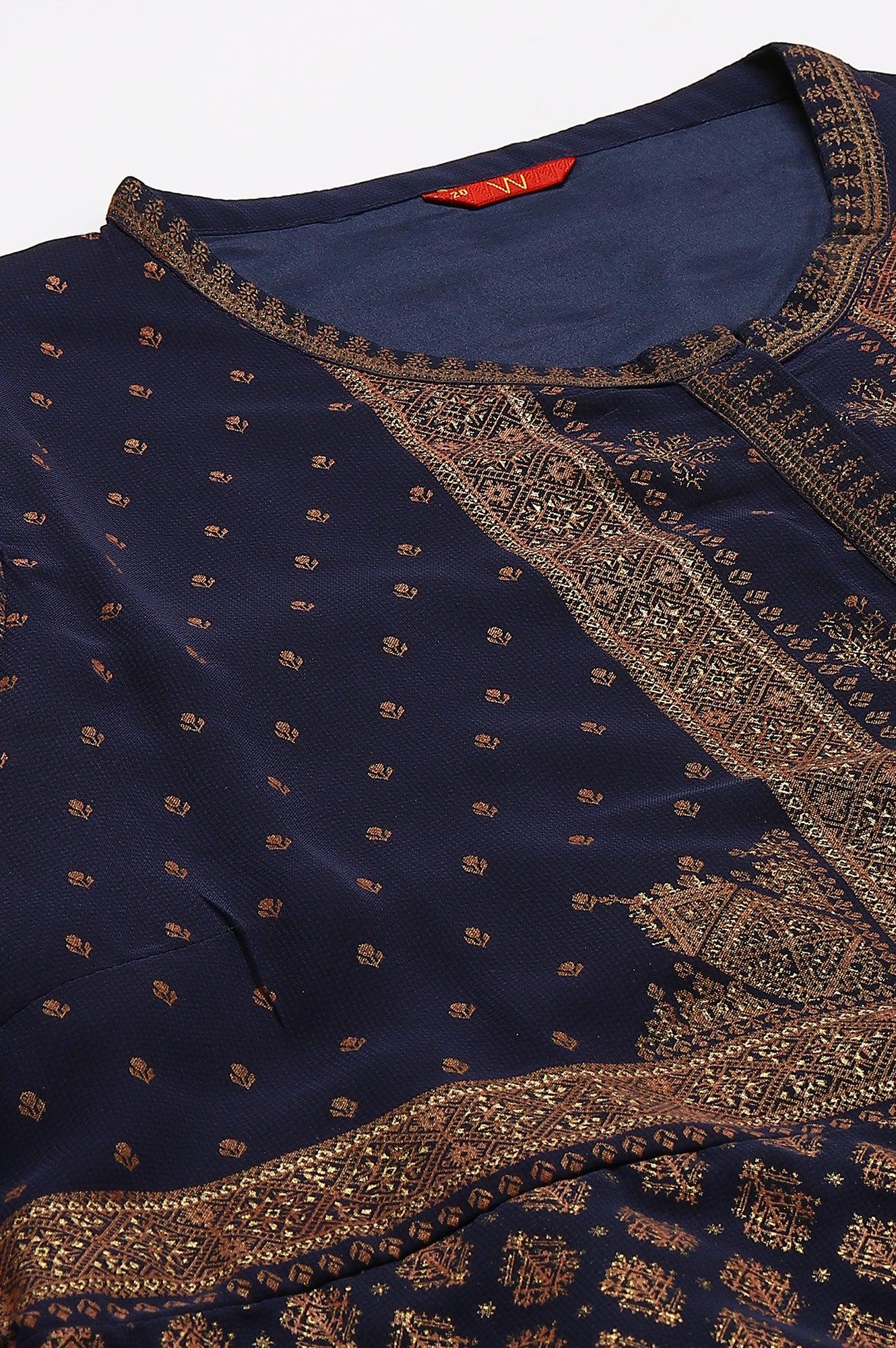 Plus Size Blue Printed A-Line Cowl kurta With Tights - Image 8