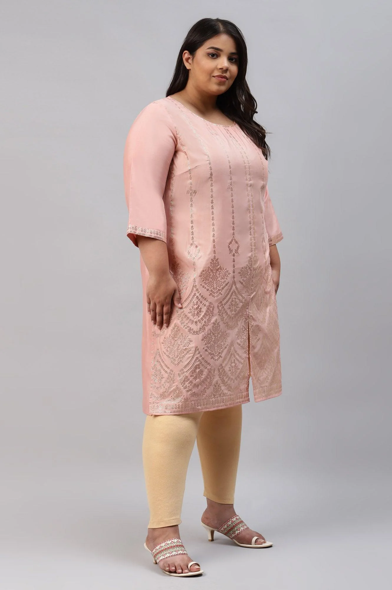 Plus Size Blush Pink Mukaish Printed kurta - Image 4