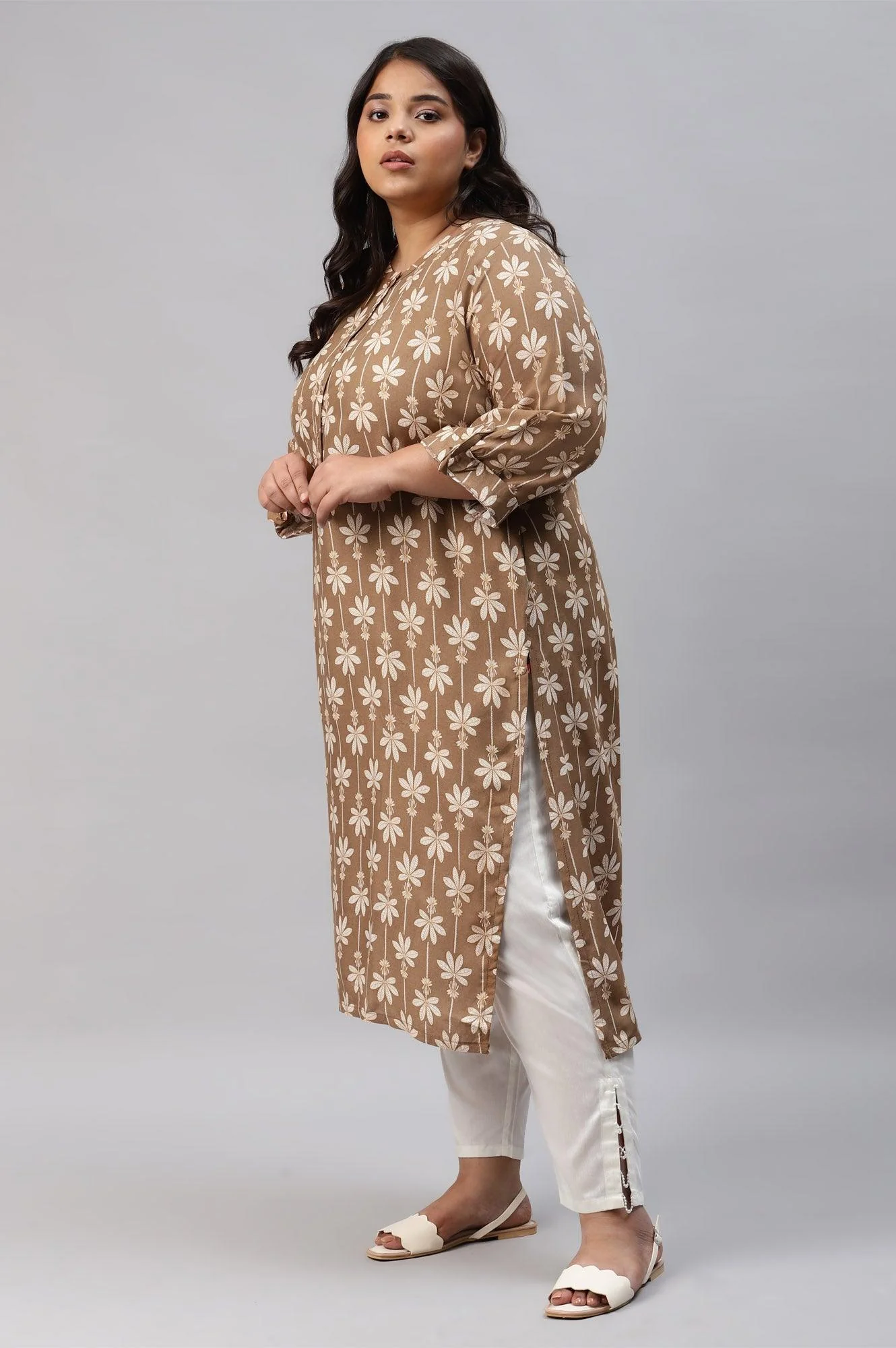 Plus Size Brown Printed Button Down kurta - Image 3