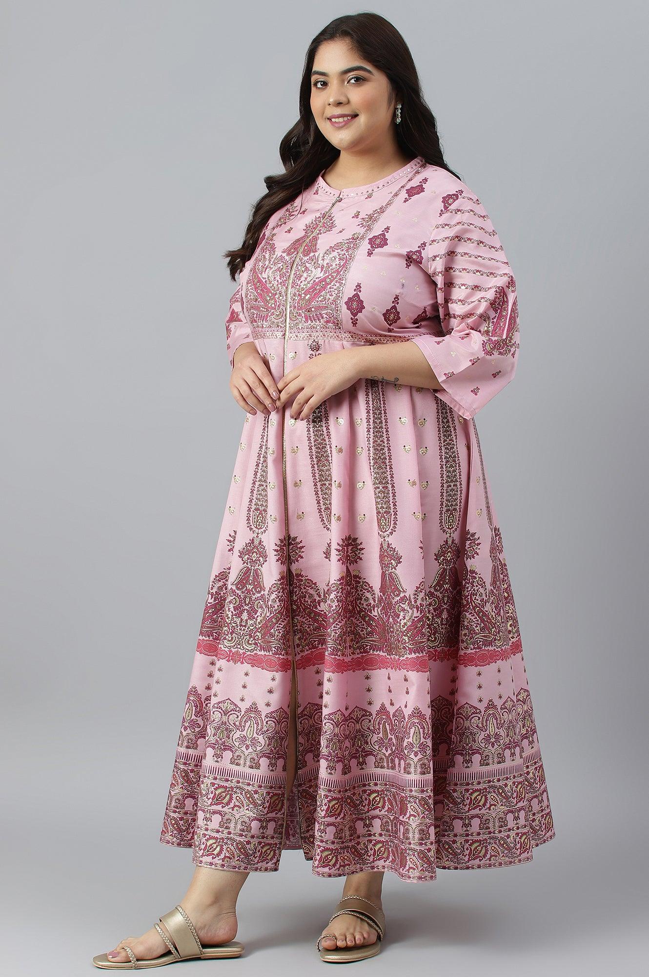 Plus Size Cameo Pink Floral Printed Festive Dress - Image 3