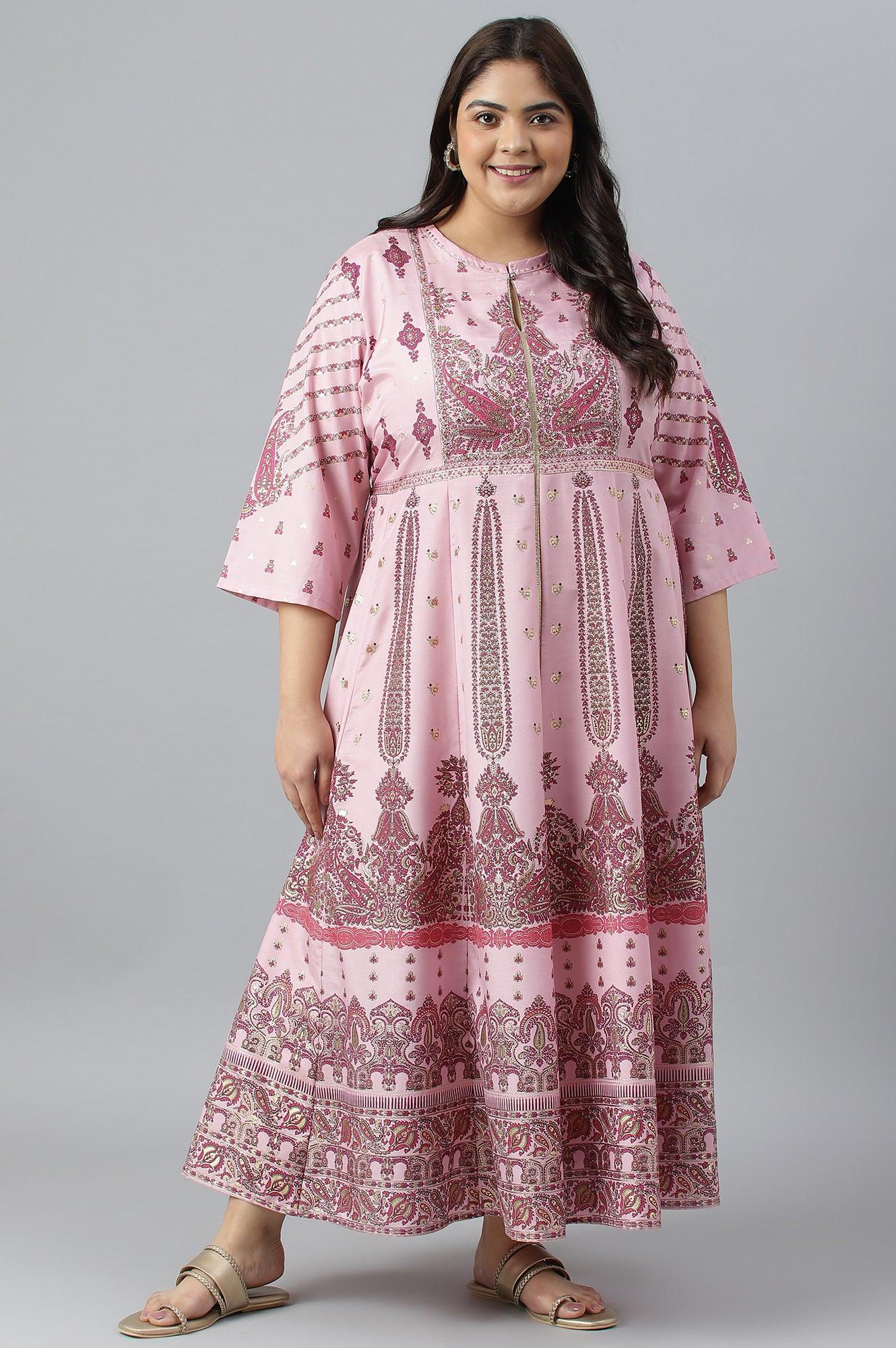 Plus Size Cameo Pink Floral Printed Festive Dress - Image 6