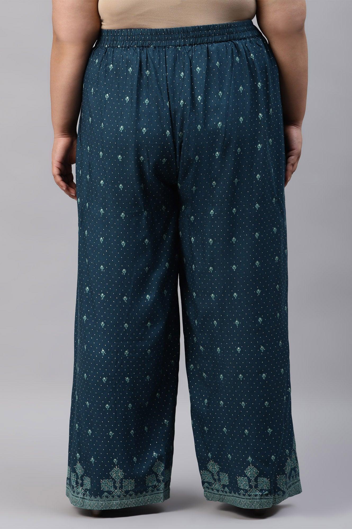 Plus Size Dark Blue Rayon Printed Parallel Pants - Image 2