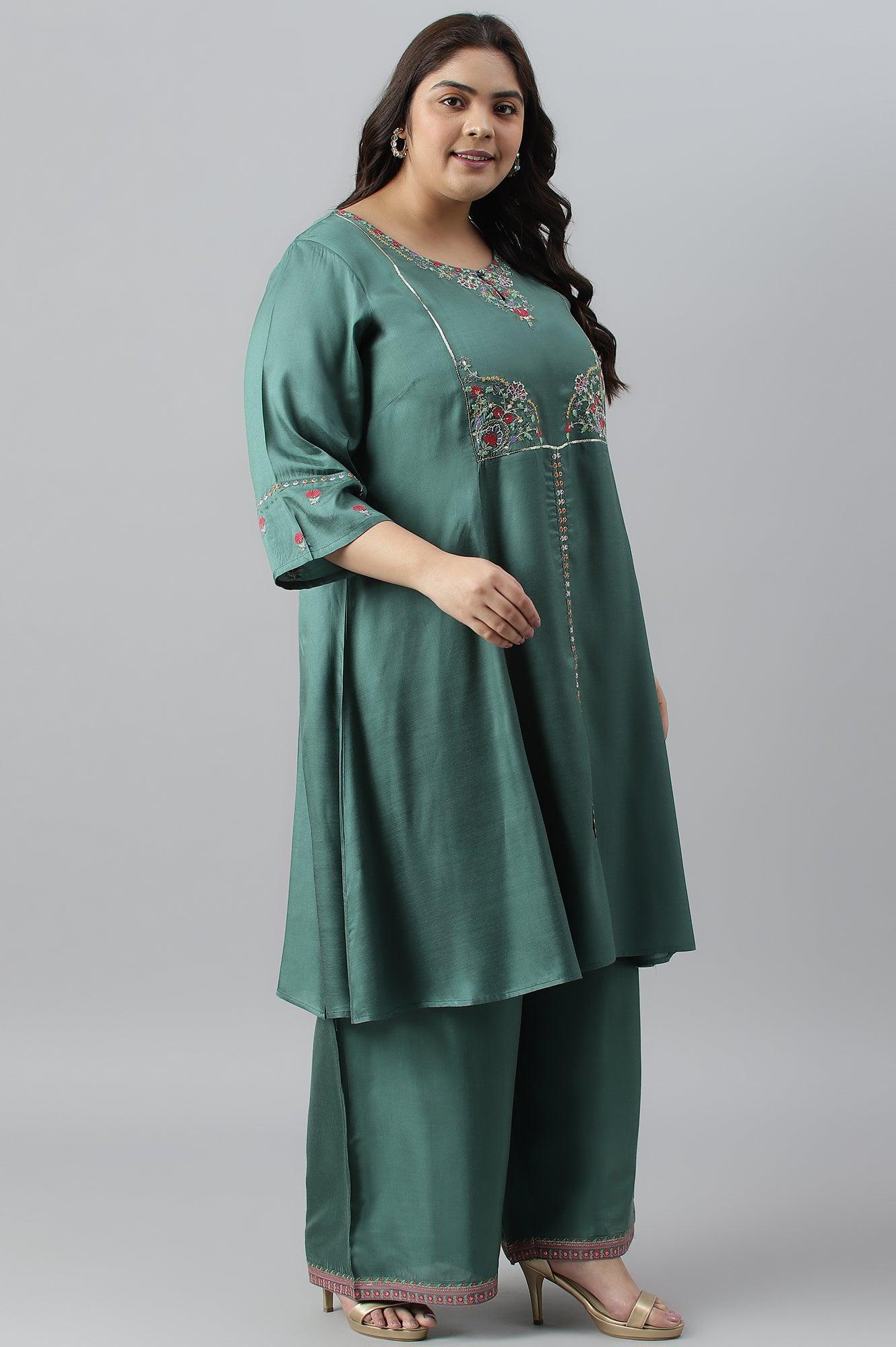 Plus Size Dark Green Embroidered kurta With Parallel Pants And Pink Printed Dupatta - Image 3