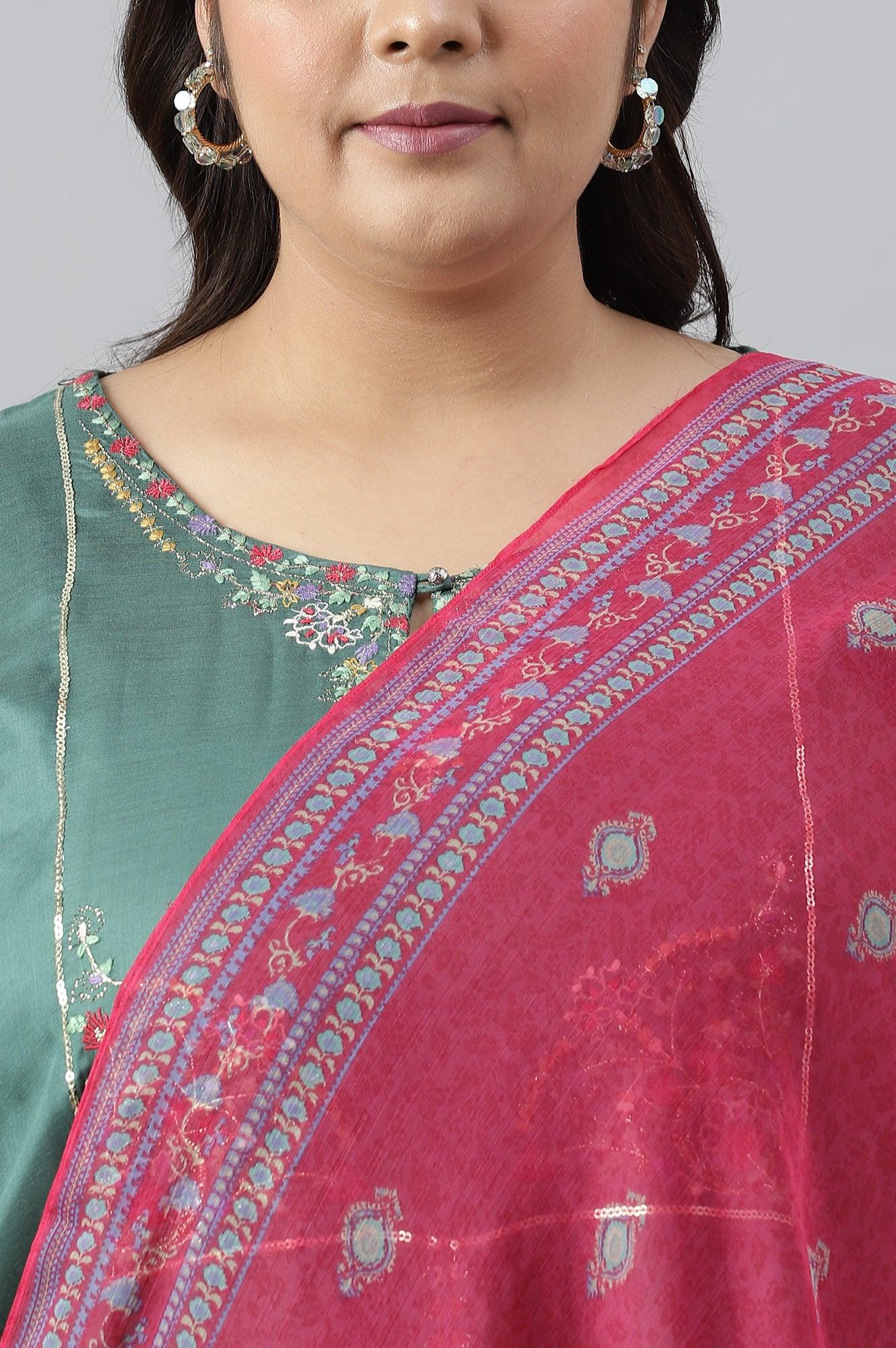 Plus Size Dark Green Embroidered kurta With Parallel Pants And Pink Printed Dupatta - Image 5