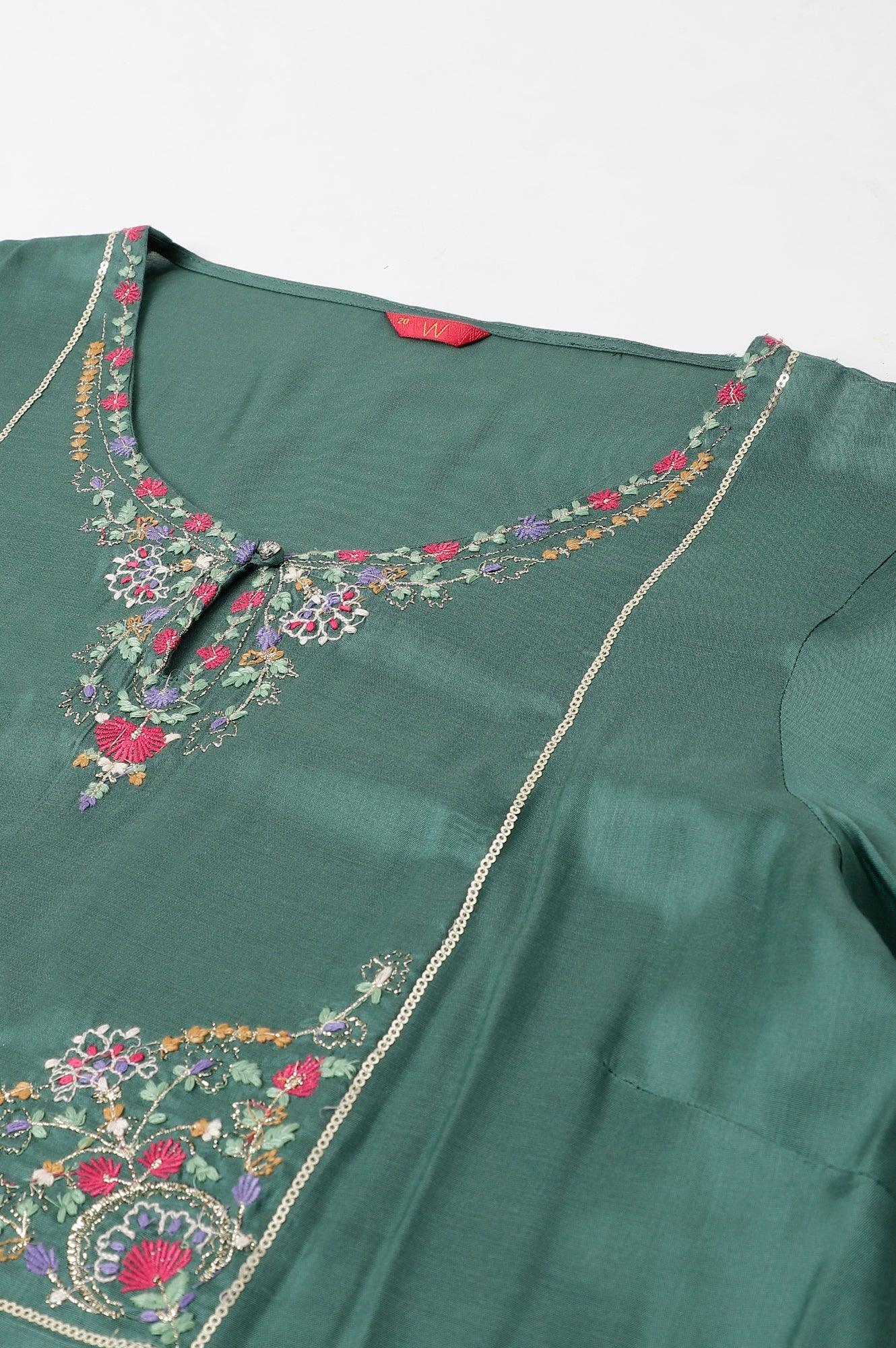 Plus Size Dark Green Embroidered kurta With Parallel Pants And Pink Printed Dupatta - Image 7